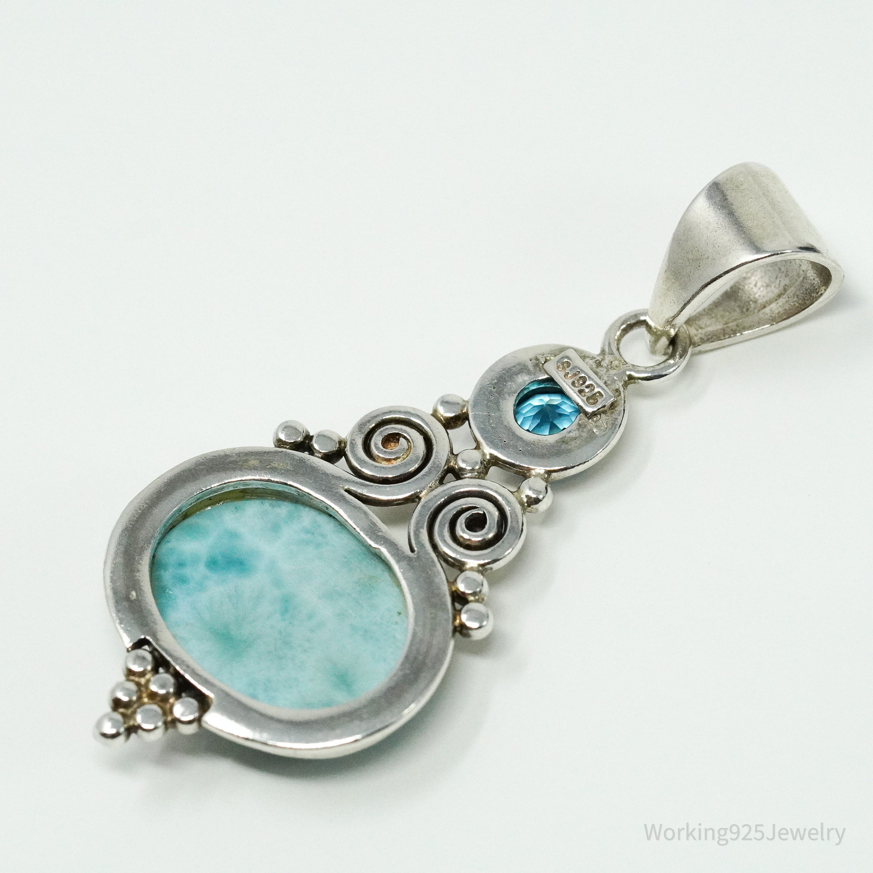 Vintage Designer SJ Blue Larimar & Blue Topaz Sterling Silver Pendant