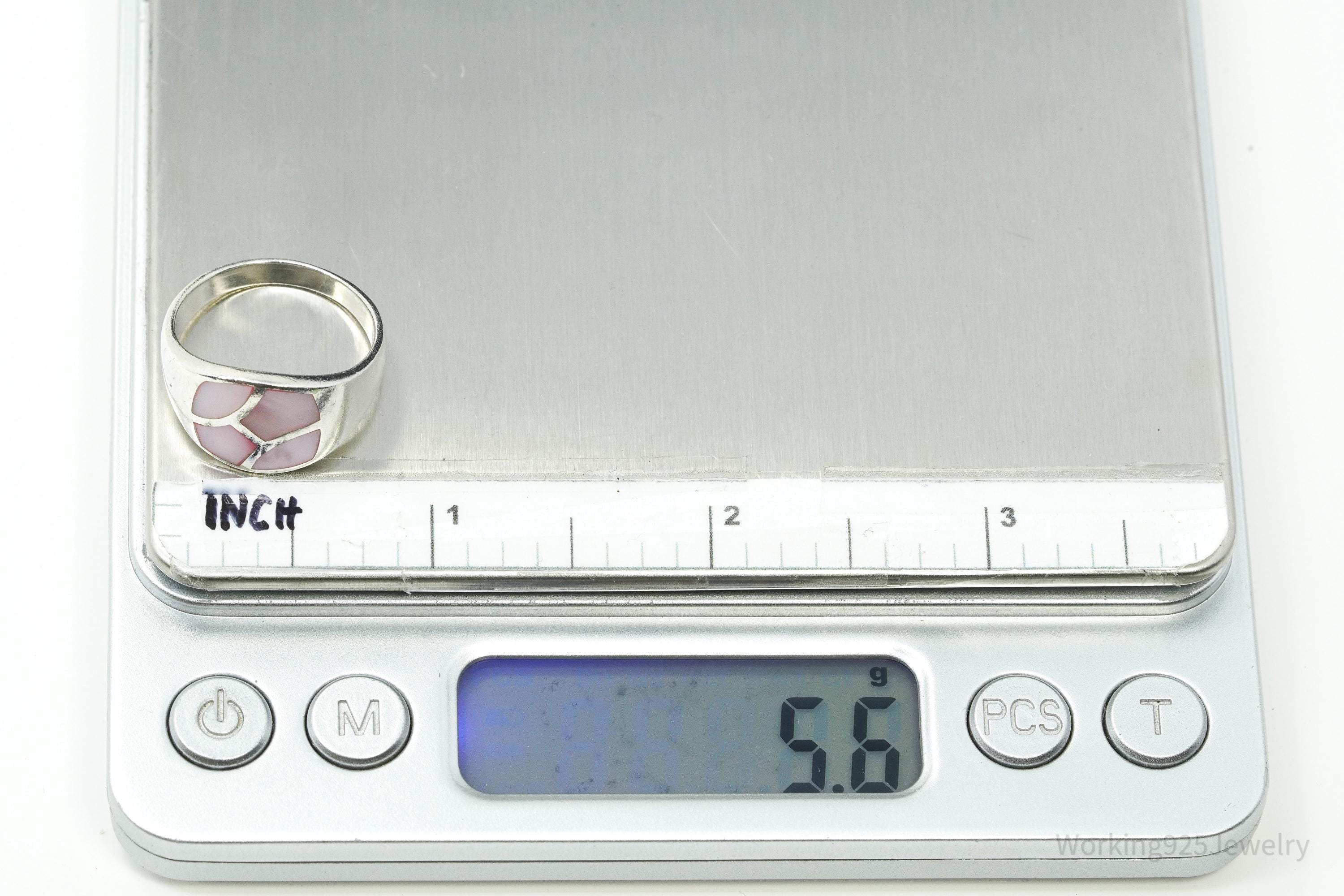 Vintage Pink Mother Of Pearl Inlay Sterling Silver Ring - Size 7.75