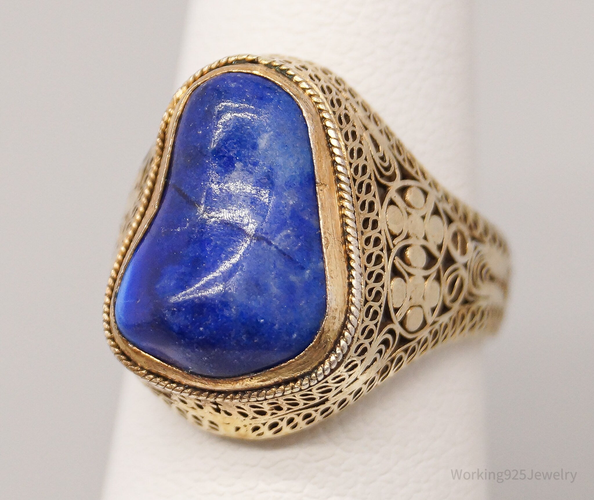 Antique Vintage Lapis Lazuli Ornate Gold Plated Silver Ring - Size 5.5 Adjustable