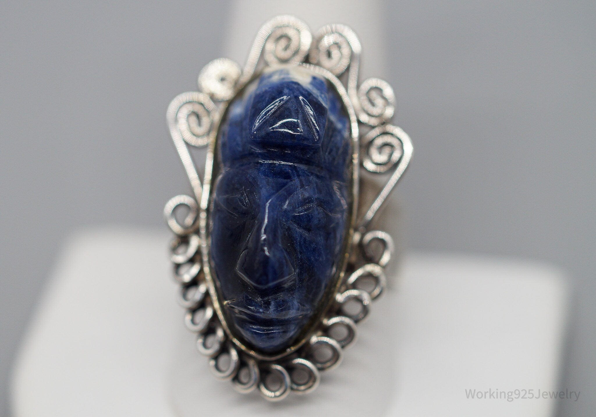 Vintage Carved Sodalite Aztec Mayan Mask Sterling Silver Ring Size 10.5