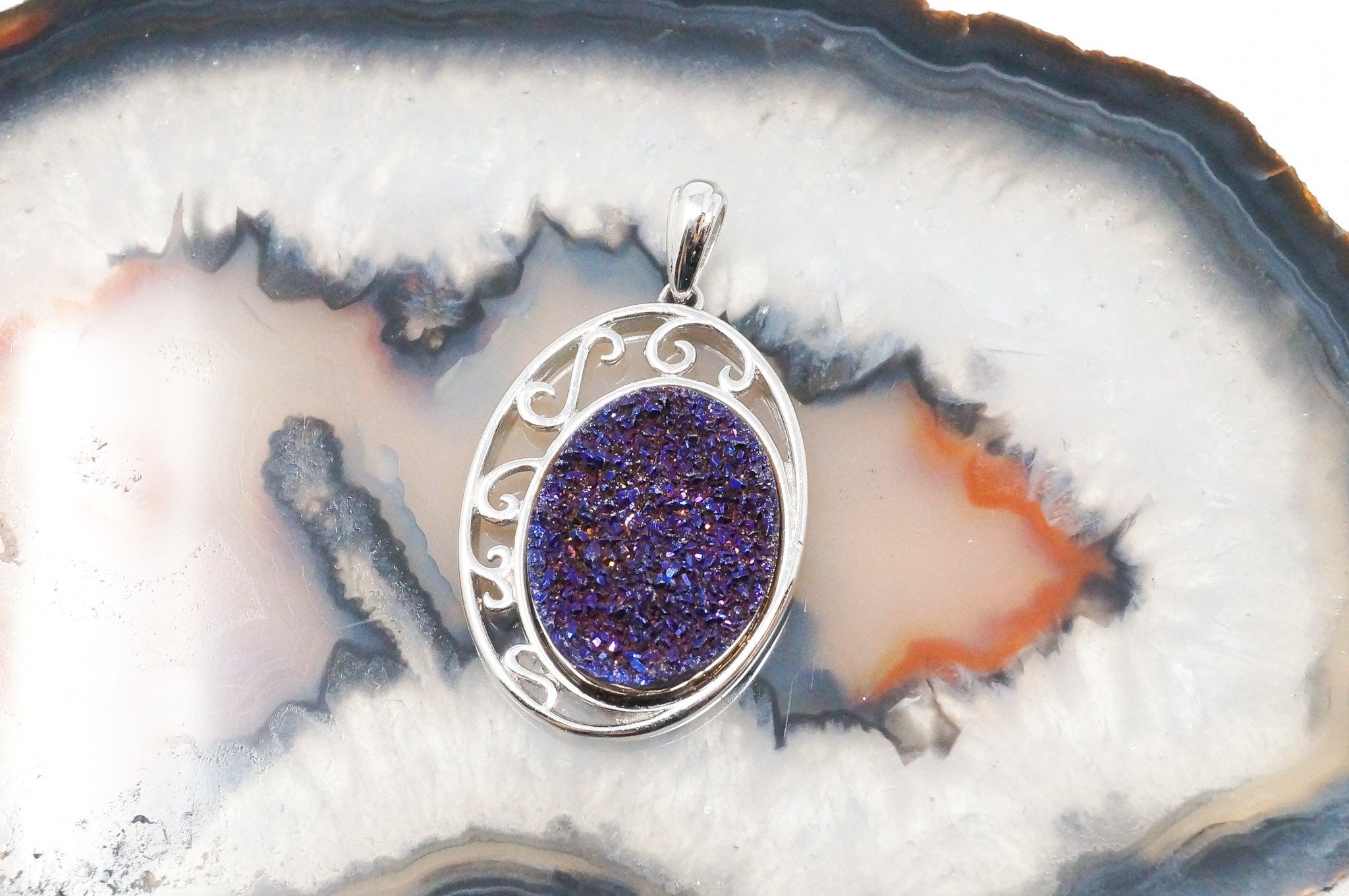 Vintage Designer TGGC Purple Druzy Quartz Art Deco Style Sterling Silver Pendant