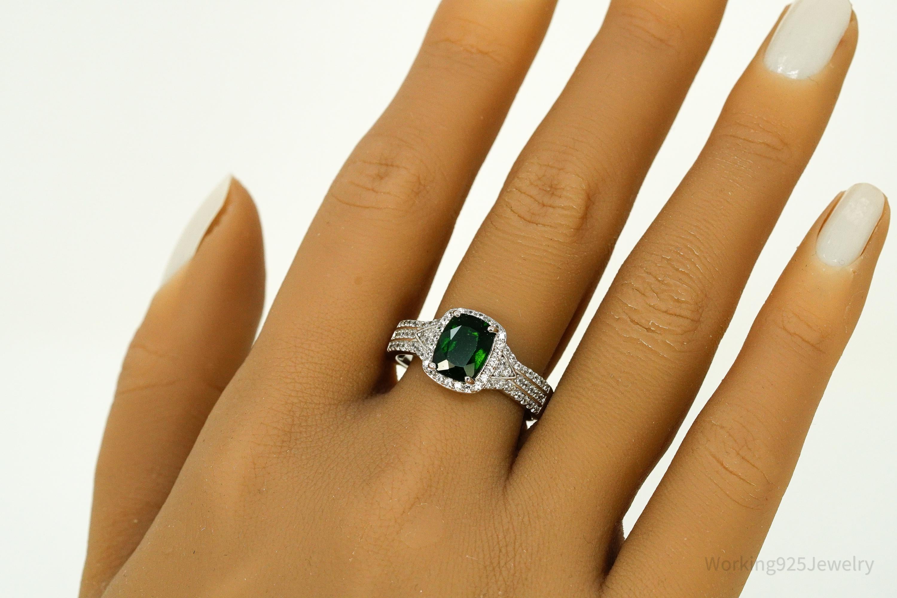 Vintage Emerald & White Topaz Sterling Silver Ring - Size 9.75