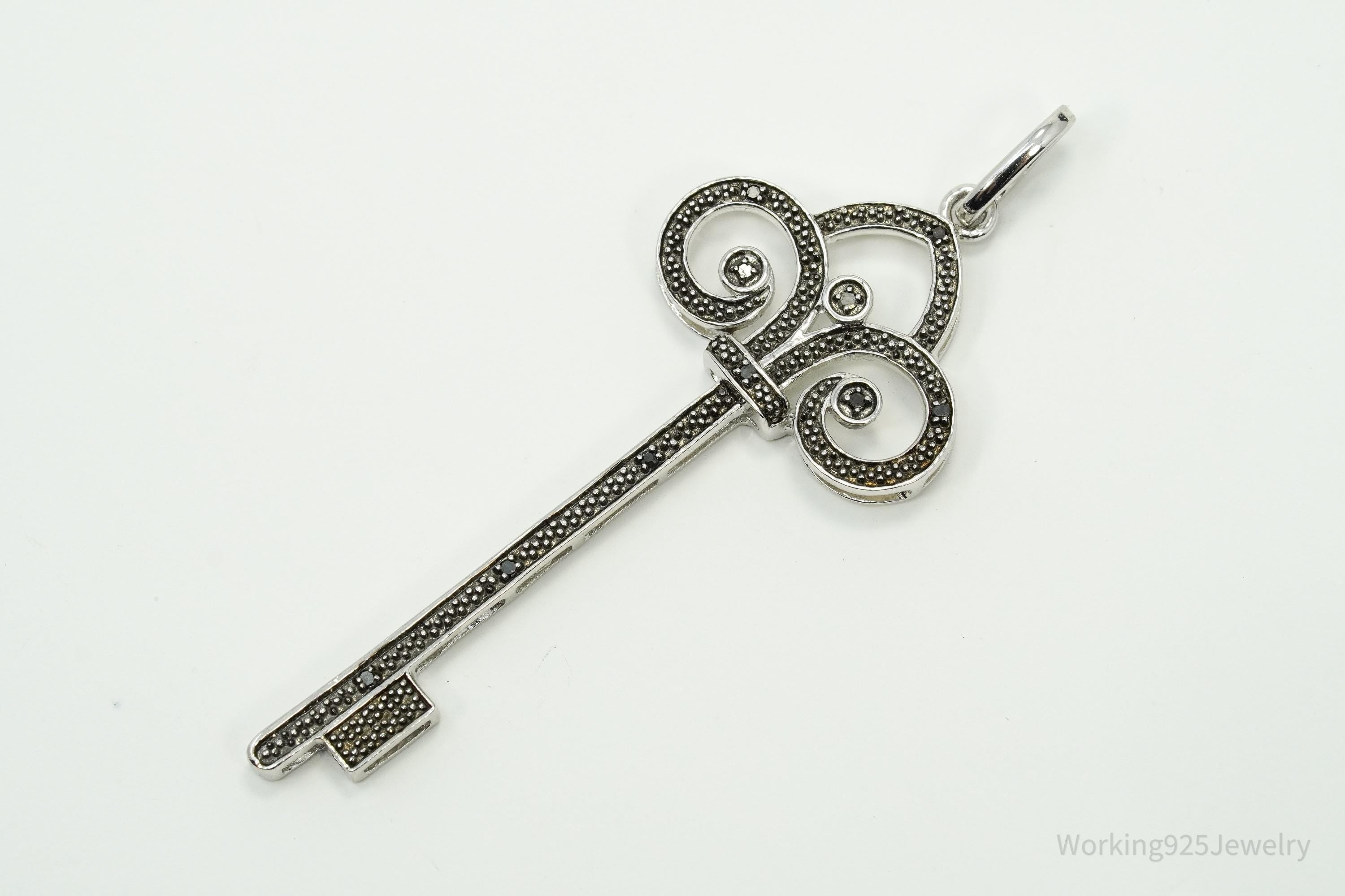 Large Designer JWBR Black Diamond Skelton Key Sterling Silver Necklace Pendant