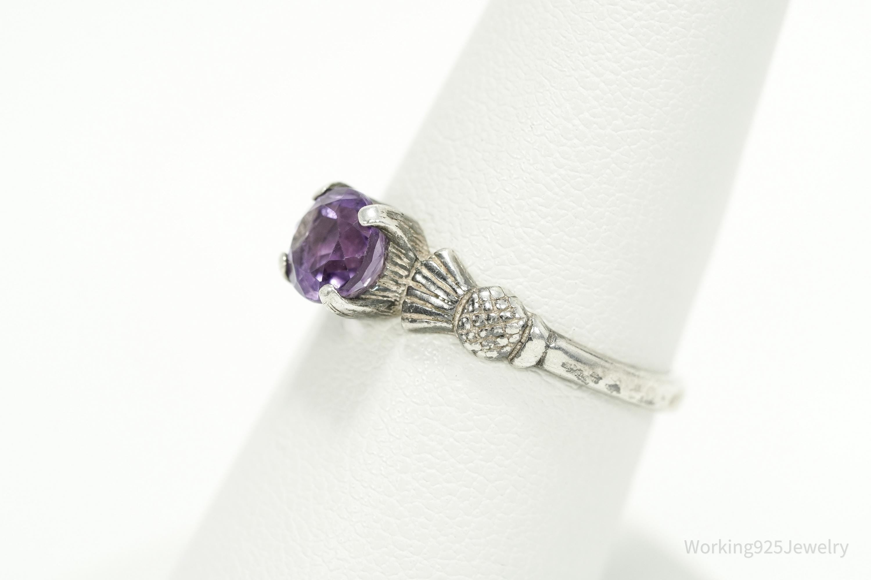 Vintage Amethyst Scottish Thistle Sterling Silver Ring - Size 7
