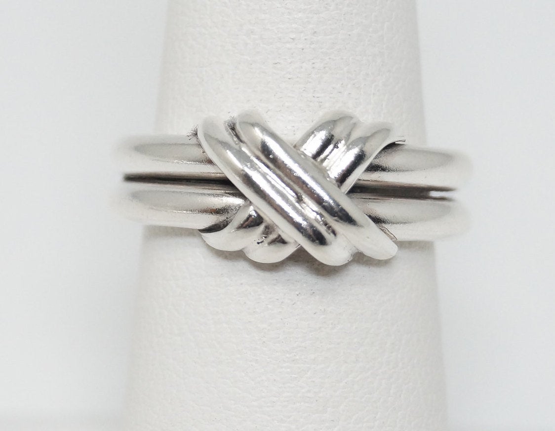 Vintage X Stitch Deco Style Sterling Silver Ring - Size 6