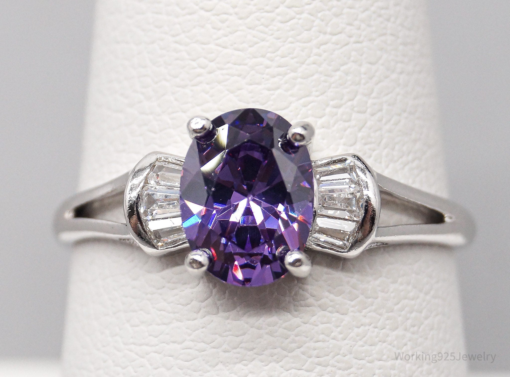 Vintage Purple & White Cubic Zirconia Sterling Silver Ring Size 8.5 Adjustable