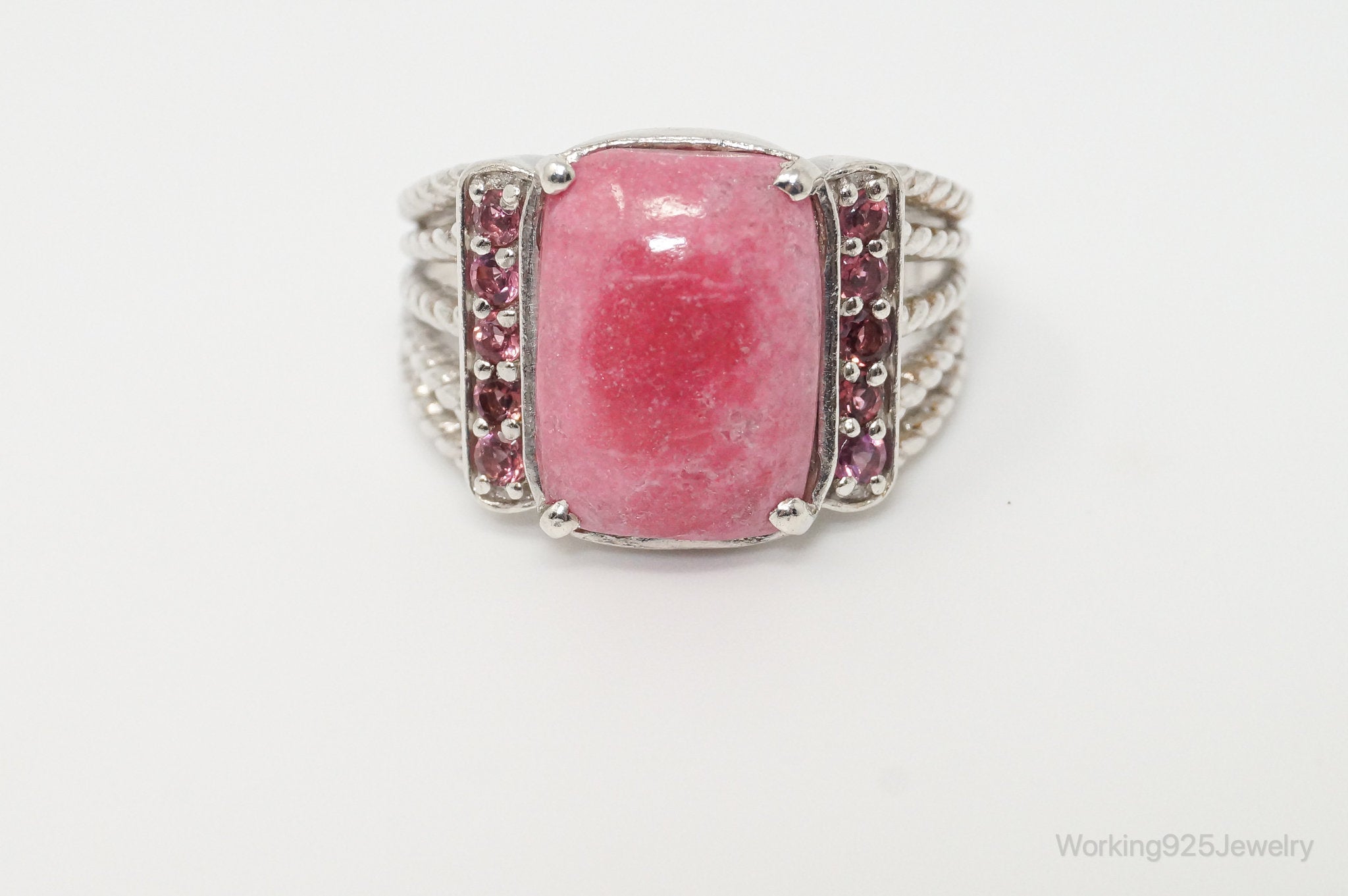 Vintage Thulite Pink CZ Cable Sterling Silver Statement Ring - Size 8