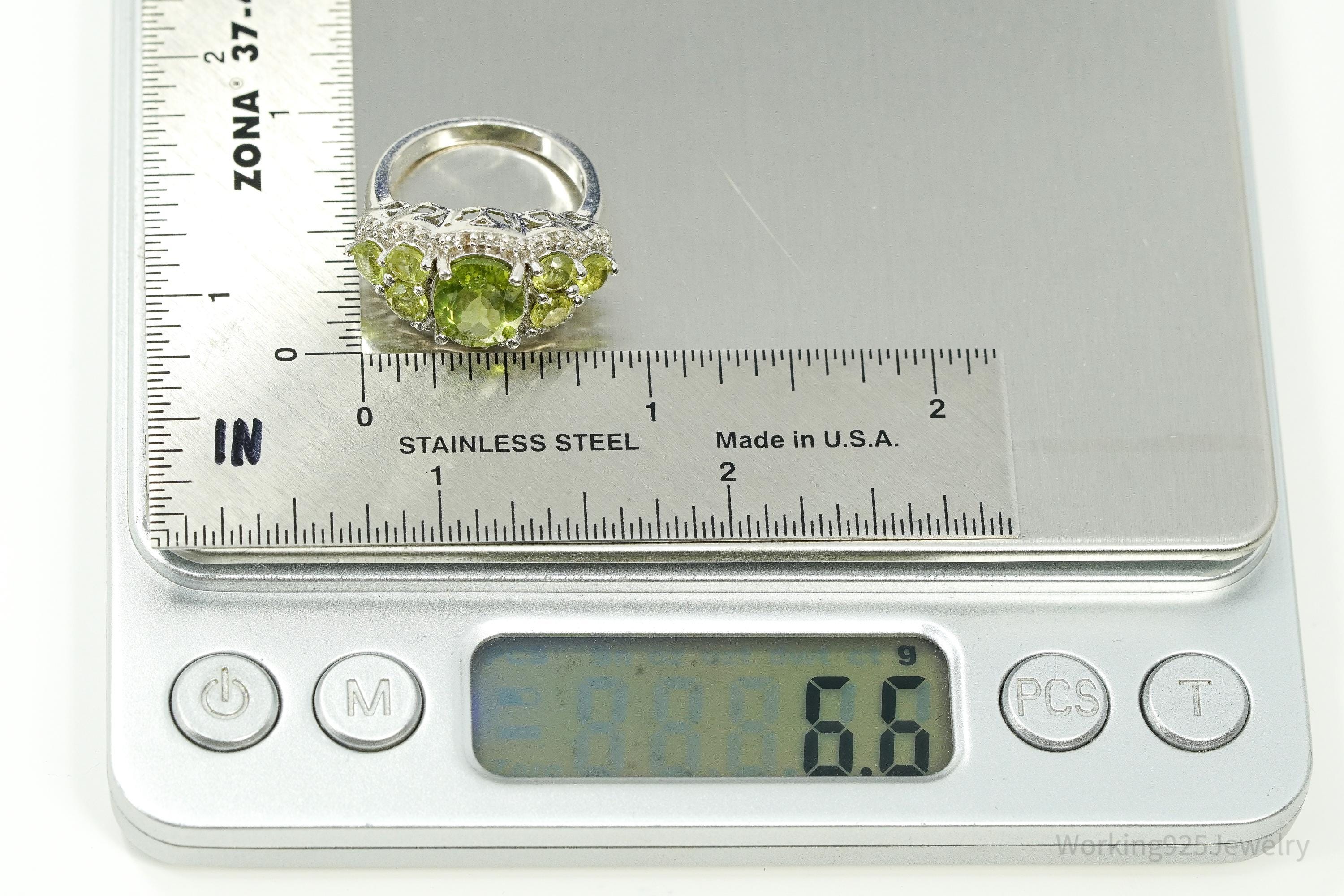 Green Peridot & White Zircon Rhodium Over Sterling Silver Ring - Size 7