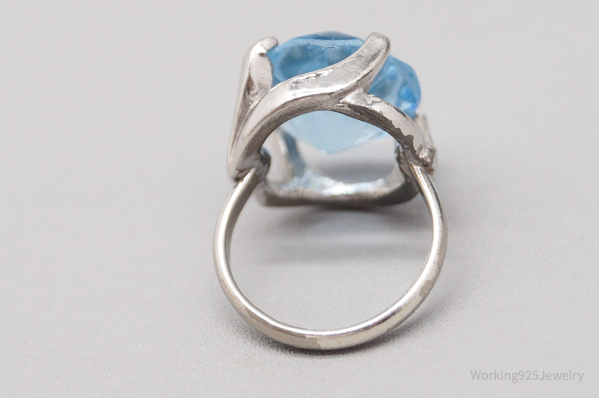 Vintage Large Blue Art Glass Stone Sterling Silver Ring - Size 5