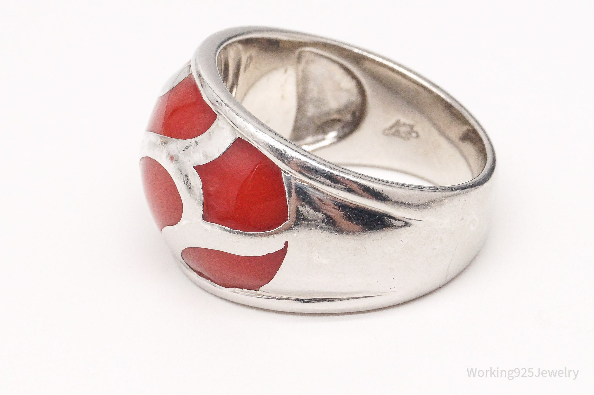 Vintage Red Enamel Sterling Silver Ring - Size 8.5