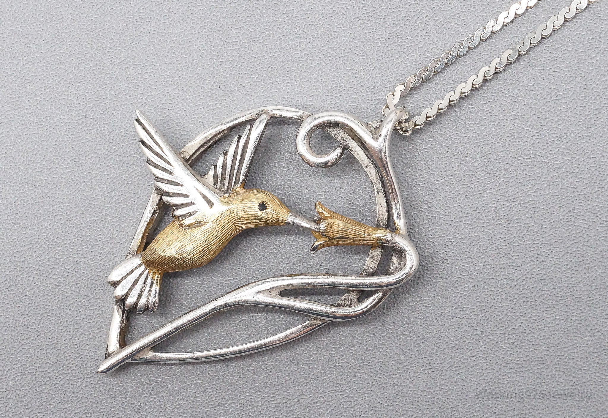 Vintage Hummingbird 14K Yellow Gold & Sterling Silver Necklace 24"