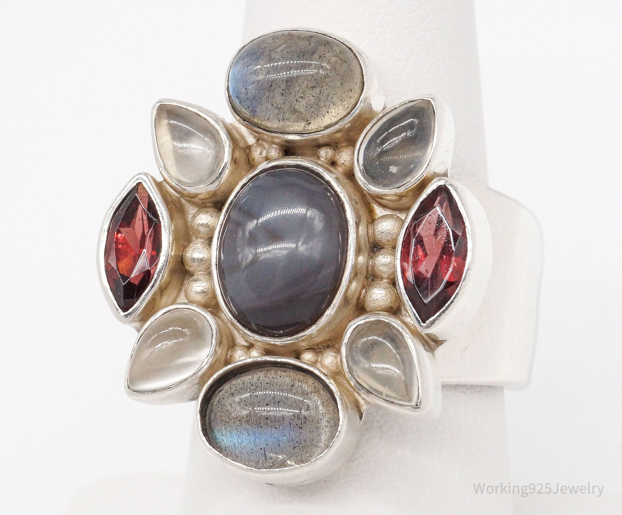 Vintage Designer Sajen Moonstone Garnet Sterling Silver Ring SZ 8.5 Adjustable