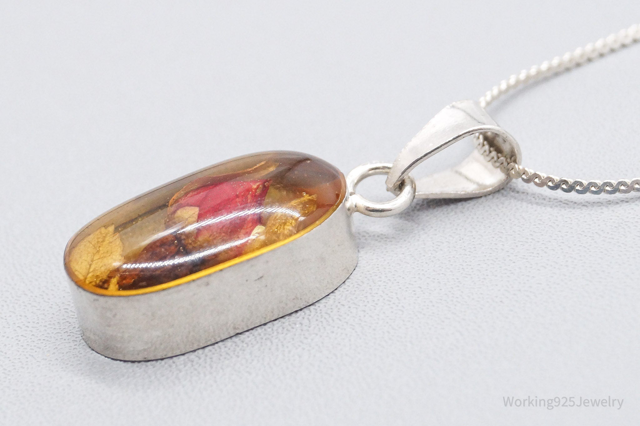 Vintage Resin Dried Flower Sterling Silver Necklace 16"