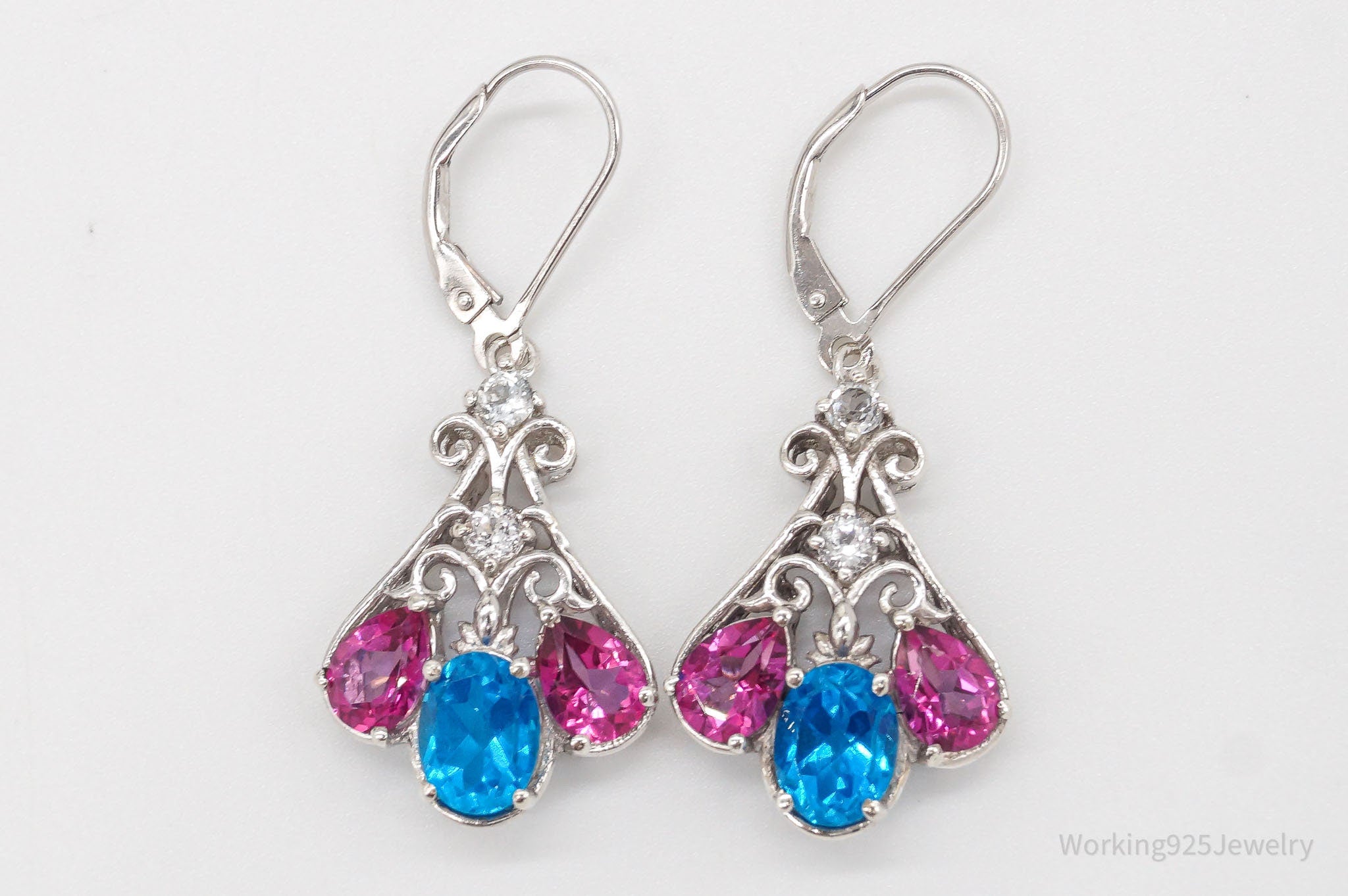 Vintage Blue Pink & White Topaz Sterling Silver Earrings