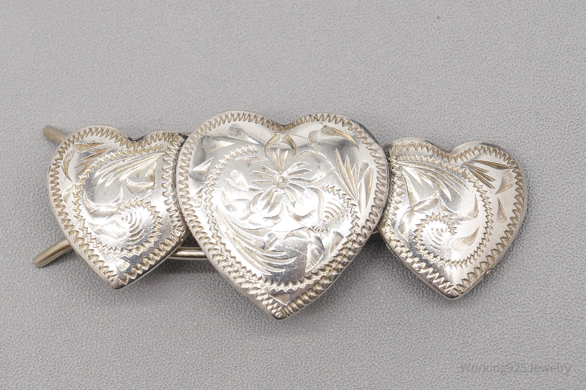 Vintage Floral Etched Hearts Sterling Silver Hair Barrette Clip