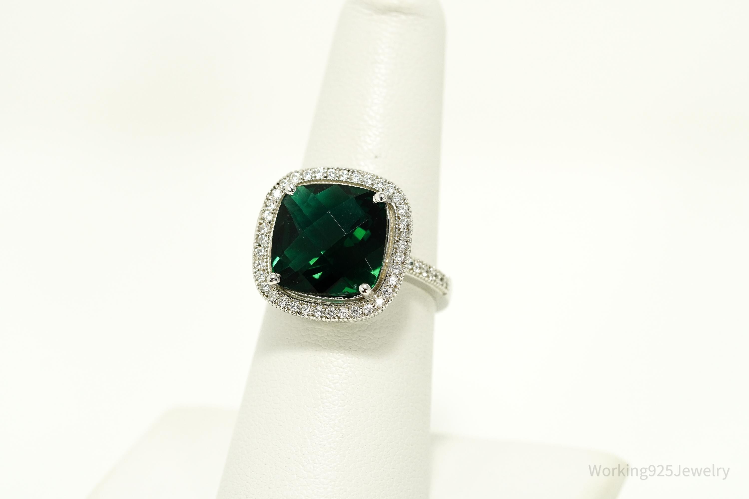 Vintage Faux Emerald & Cubic Zirconia Sterling Silver Ring - Size 7