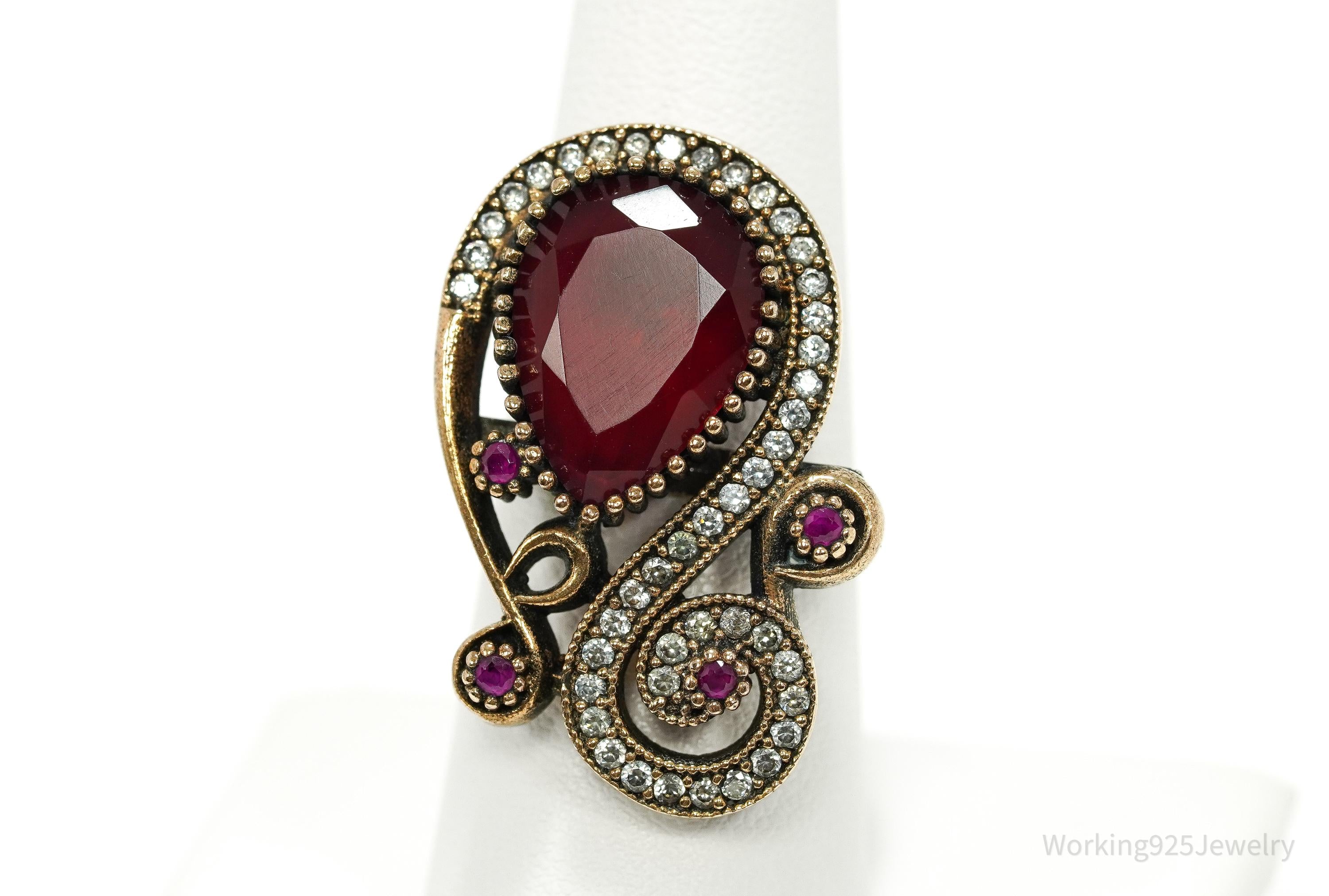 Vintage Red Stone, Ruby, & Cubic Zirconia Sterling Silver Ring - Size 7.5