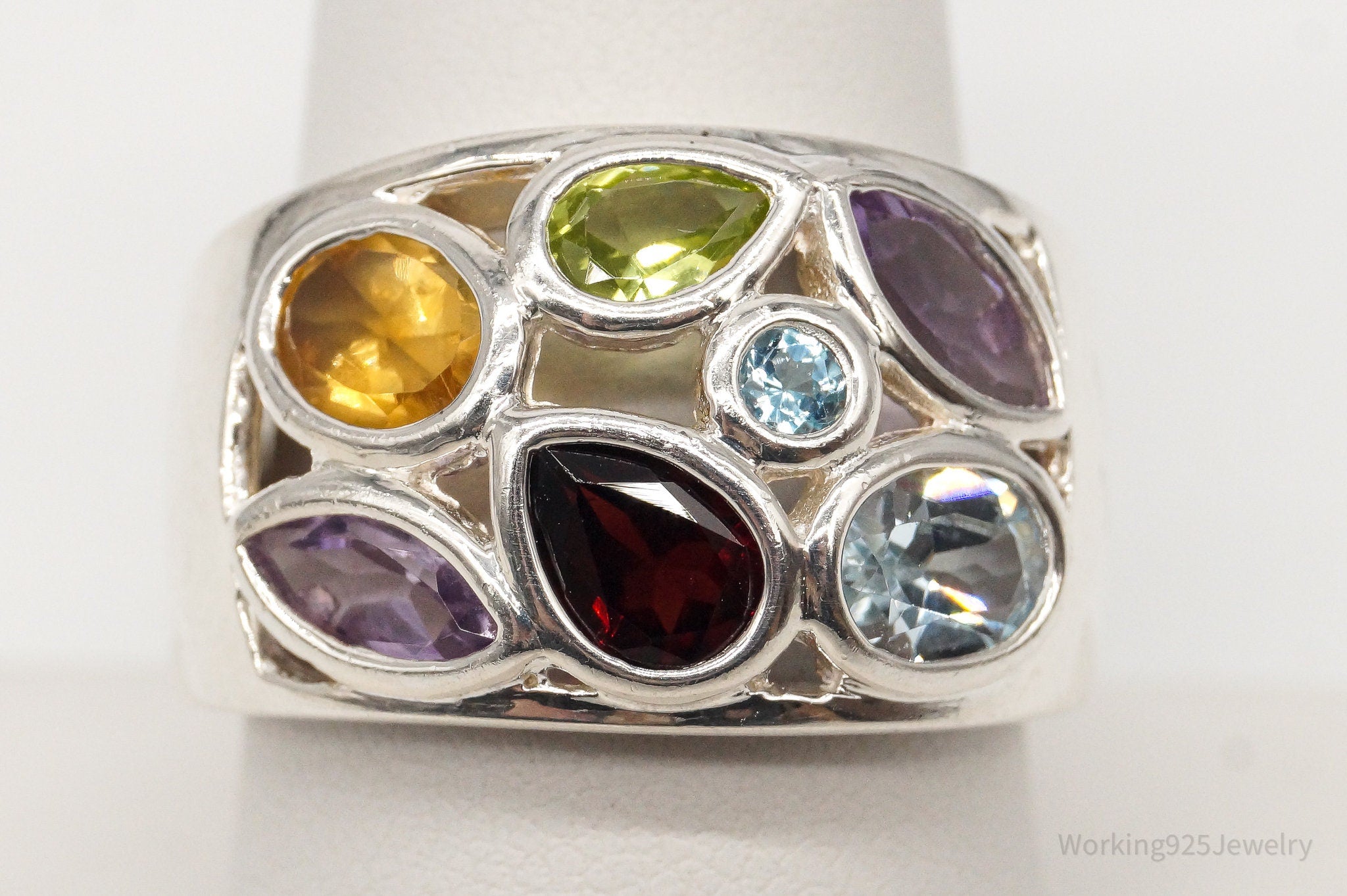 Vintage Multiple Gemstone Rainbow Sterling Silver Ring - Size 8.75