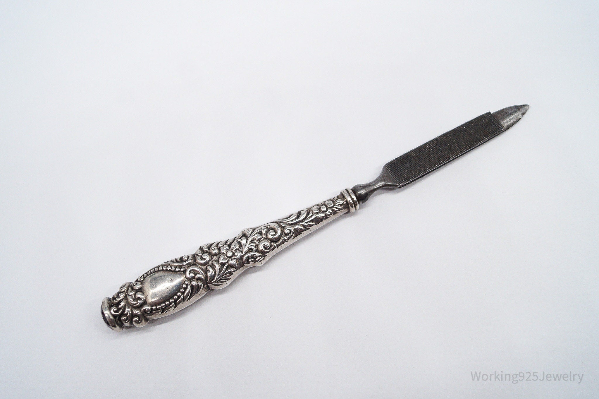 Large Rare Antique Repousse Purple Glass End Sterling Silver Nail File