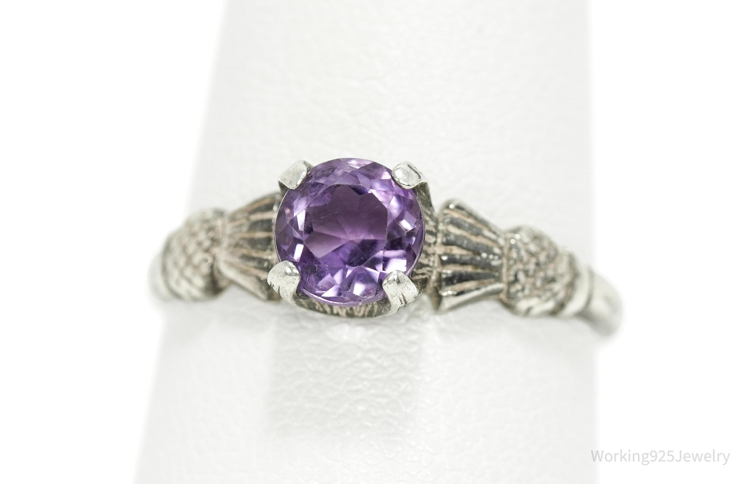 Vintage Amethyst Scottish Thistle Sterling Silver Ring - Size 7