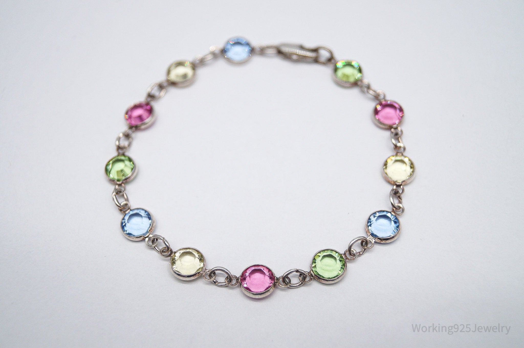 Vintage Rainbow Crystal Silver Bracelet - 7.25"