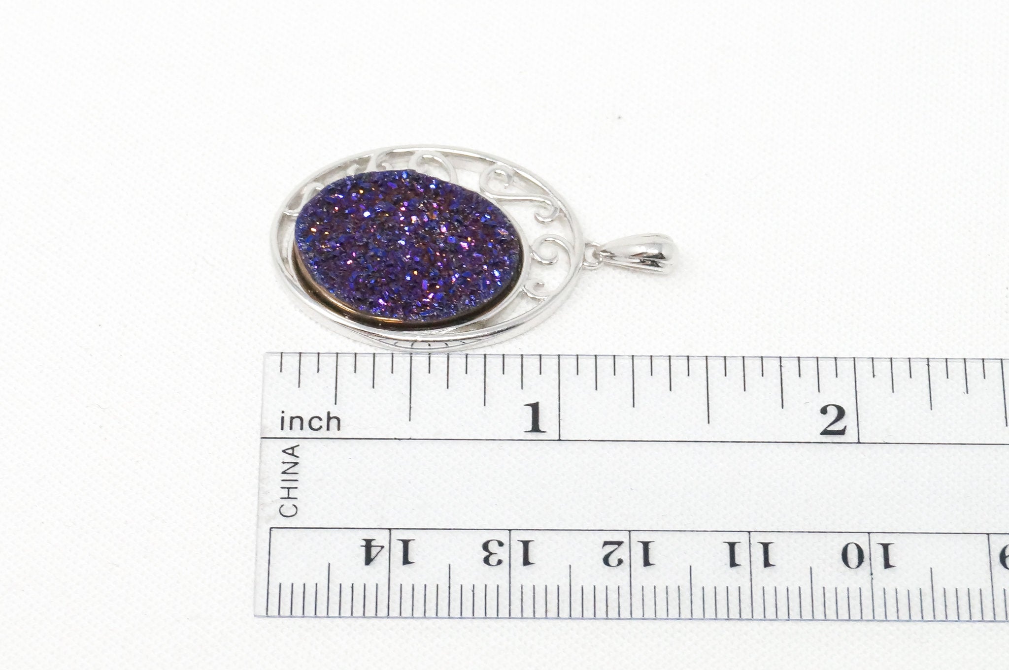 Vintage Designer TGGC Purple Druzy Quartz Art Deco Style Sterling Silver Pendant