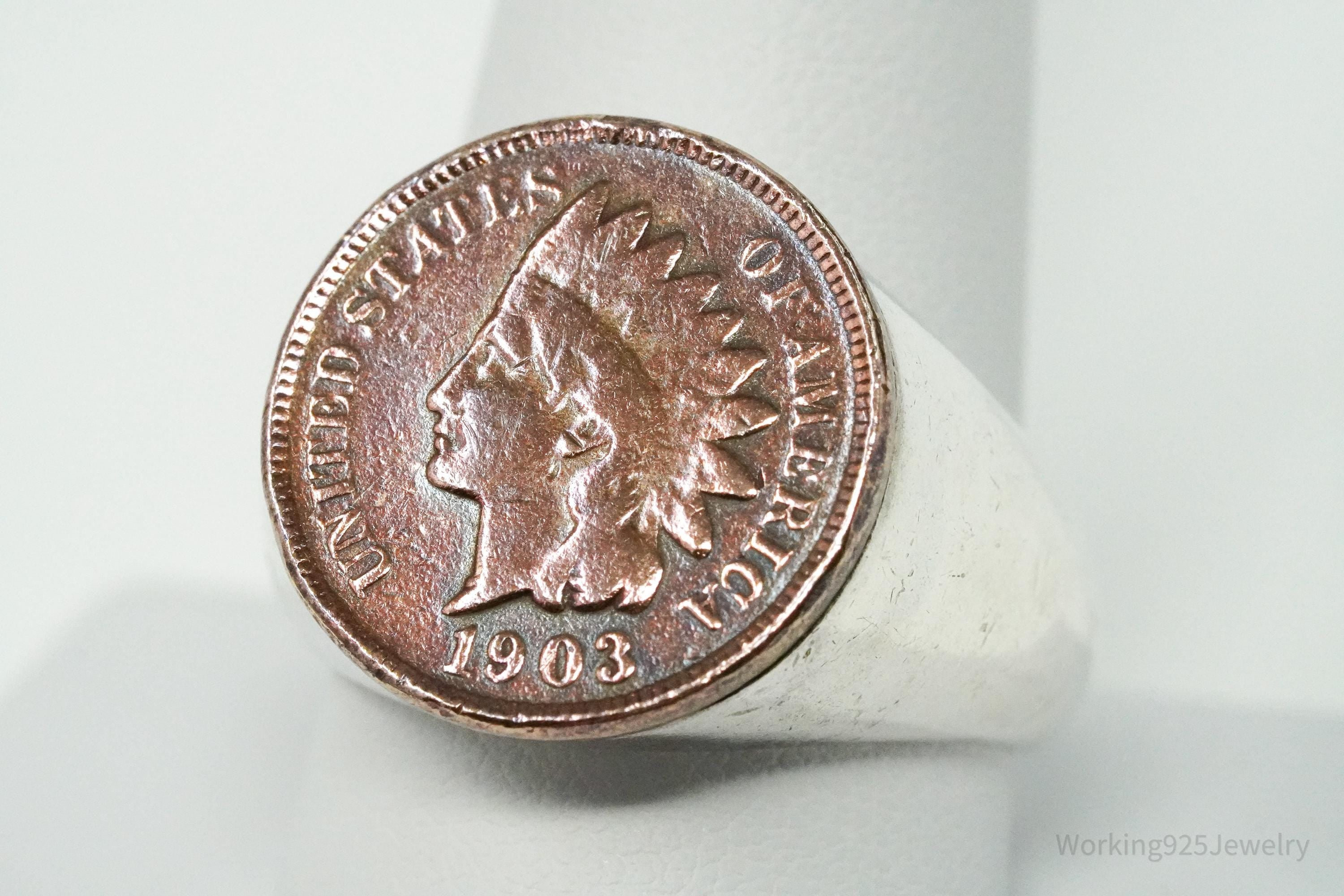 Vintage 1903 Indian Head Cent Penny Silver Ring - Size 10.5