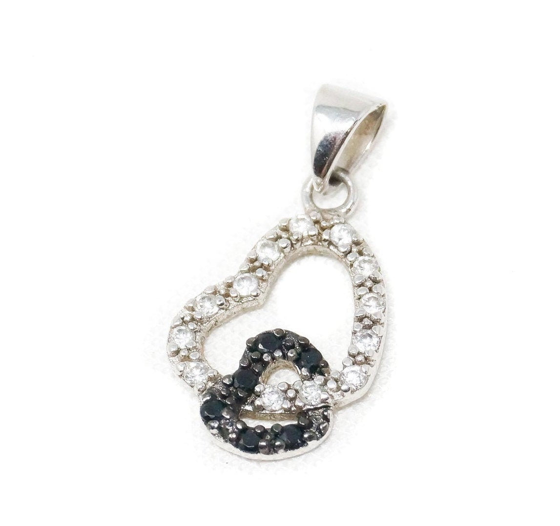 Vintage Open Heart CZ Black Onyx Accented Sterling Silver Necklace Pendant