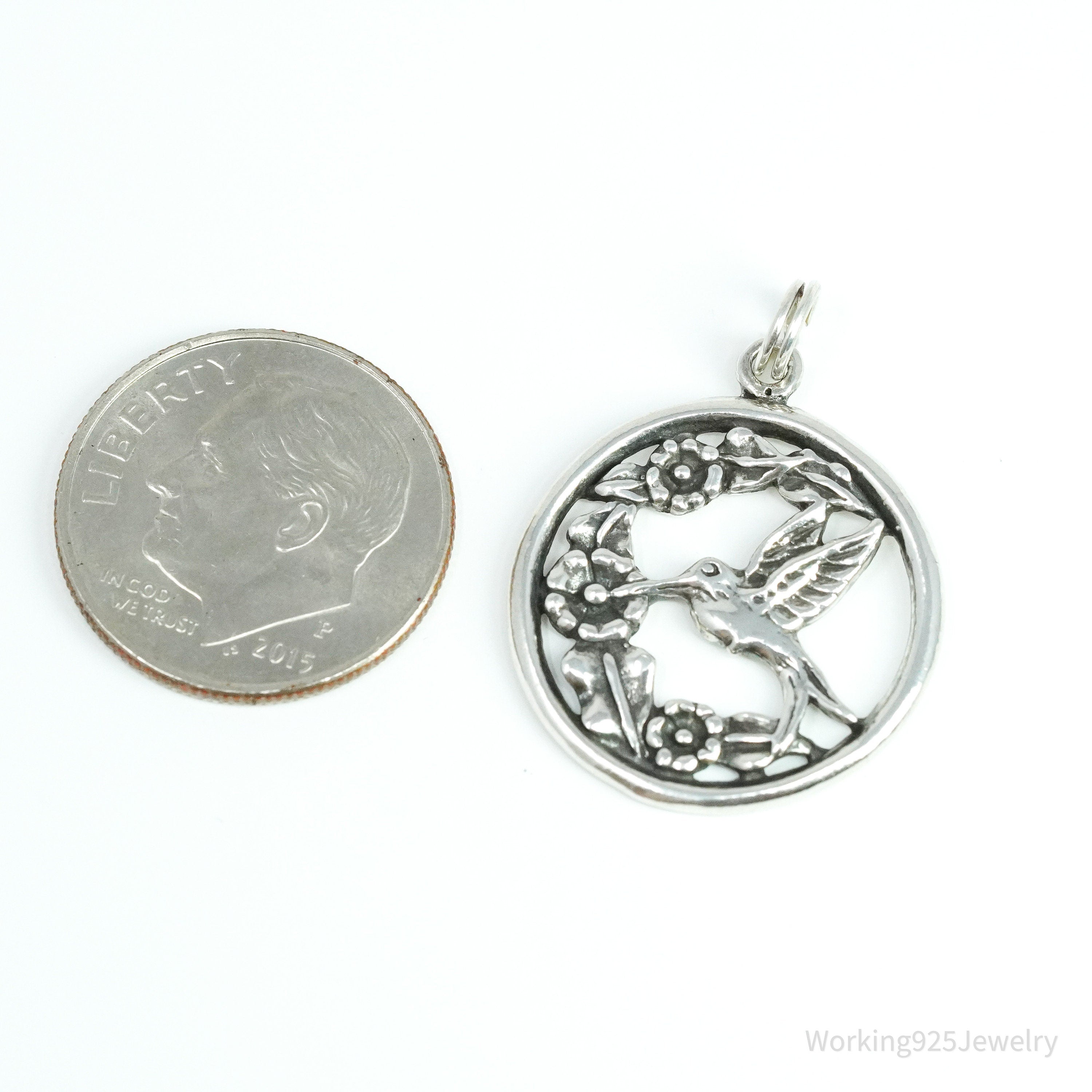 Vintage Hummingbird & Flowers Sterling Silver Charm Pendant