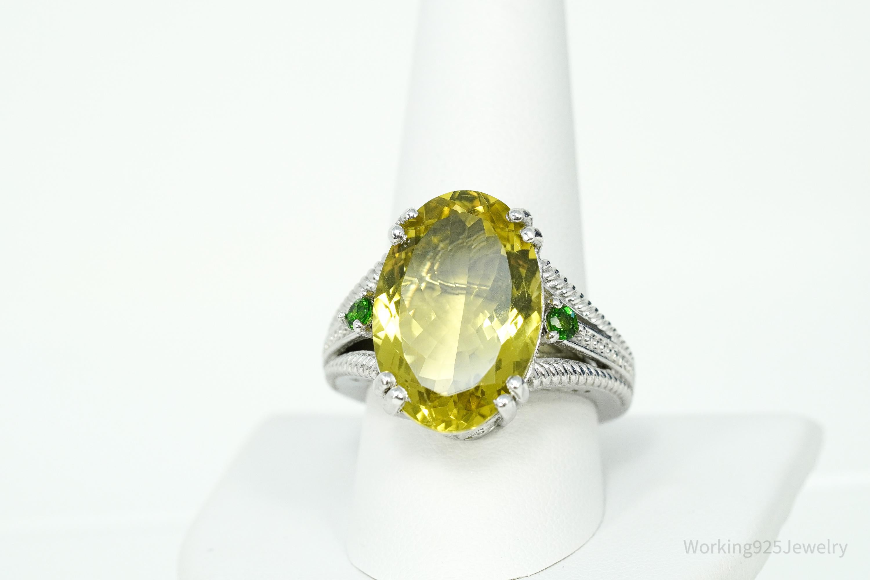 Vintage Large Lemon Quartz & Green Chrome Diopside Sterling Silver Ring Size 10