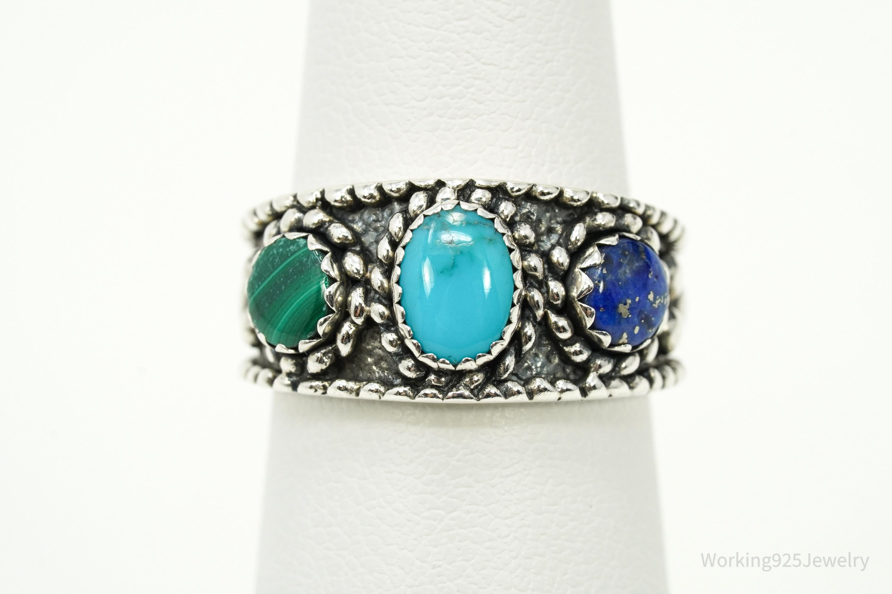 Vintage Native Designer QT Quoc Multi Gem Sterling Silver Ring - Size 6