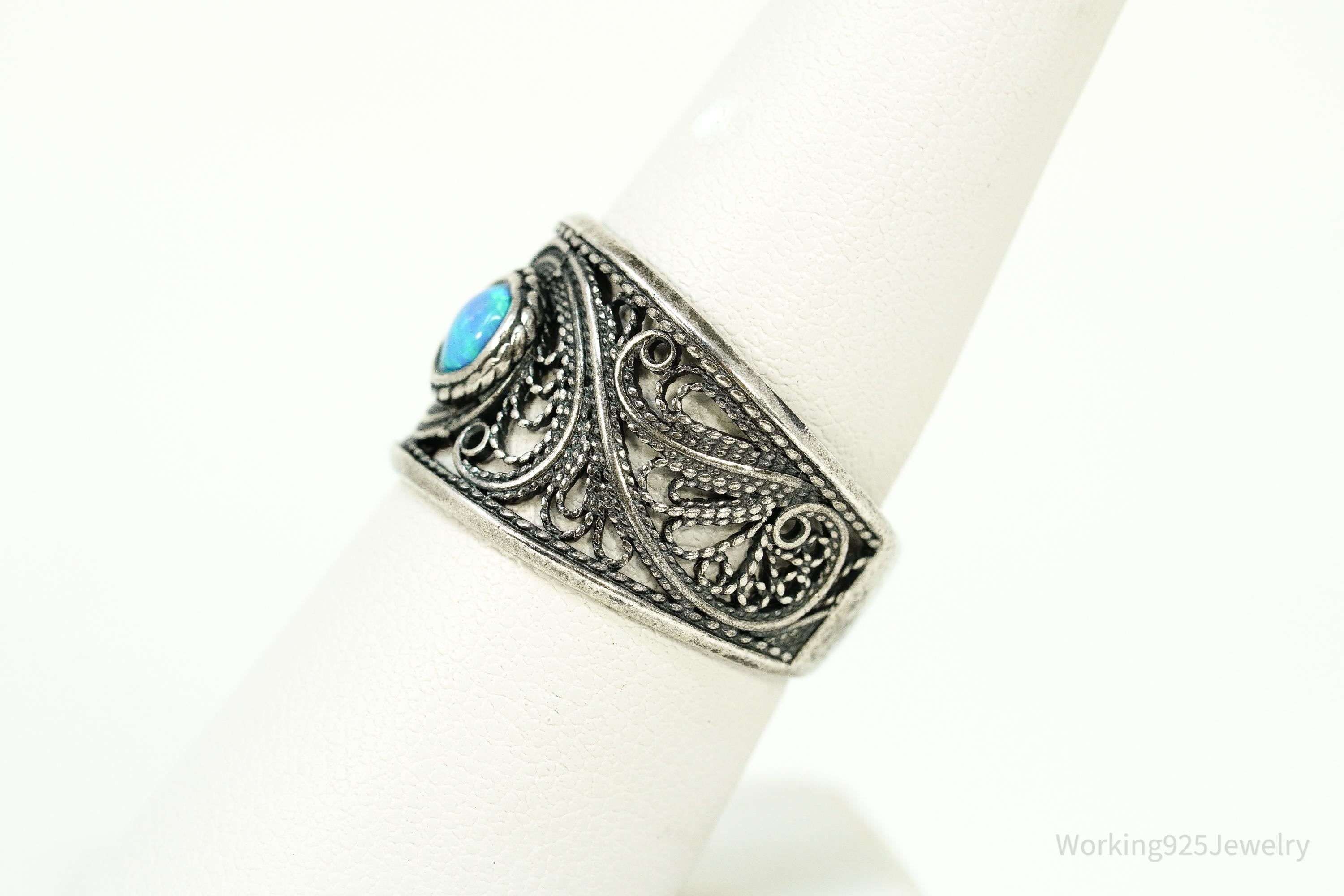 Vintage Opal Sterling Silver Filigree Ring - Size 8.25