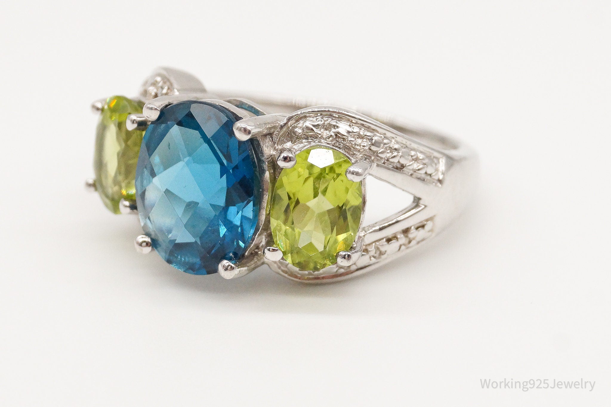 Designer CID Blue Topaz Peridot Cubic Zirconia Sterling Silver Ring - Size 6.25