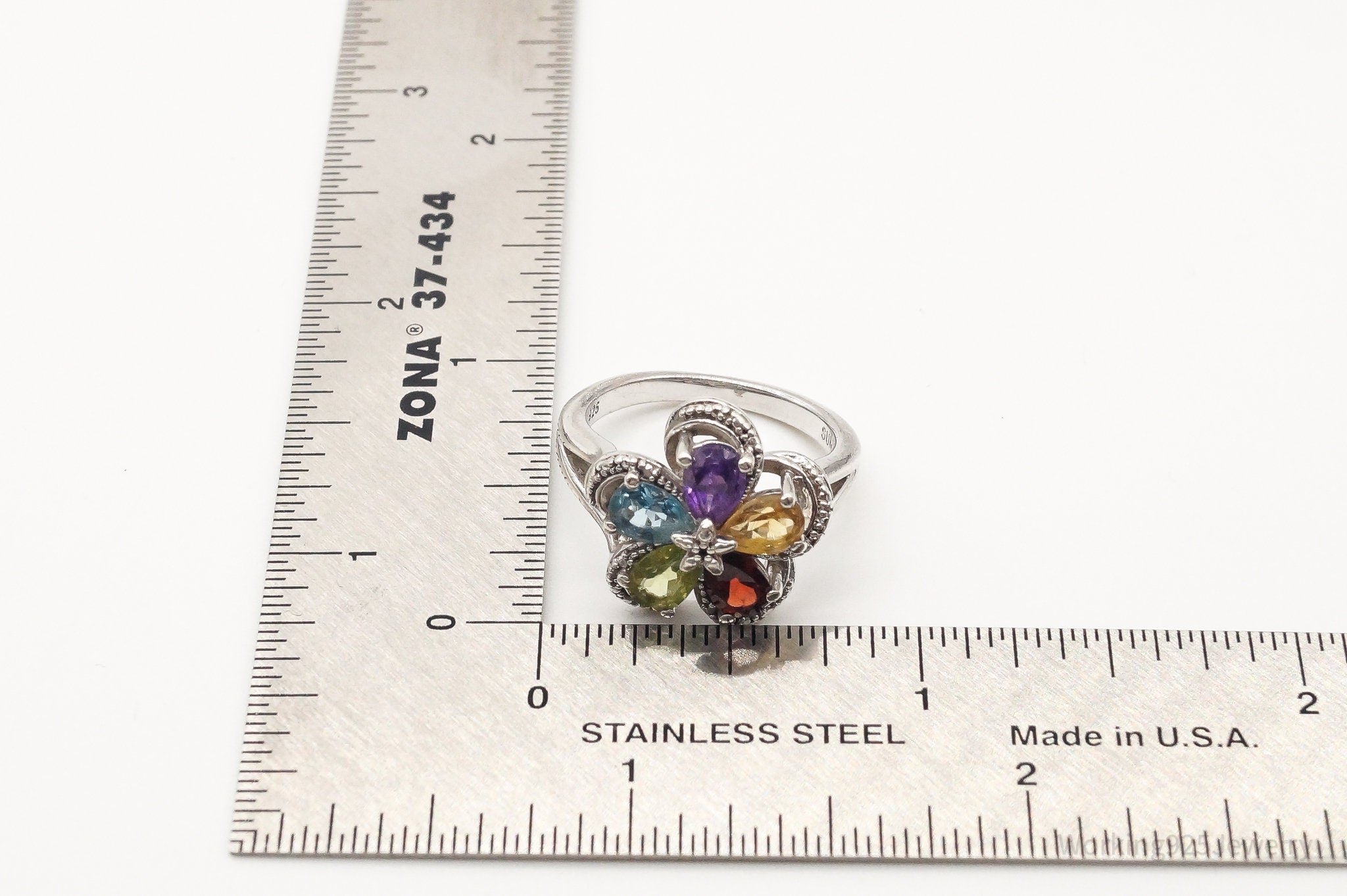 Vintage Multi Gemstone Flower Sterling Silver Ring - Size 6.75