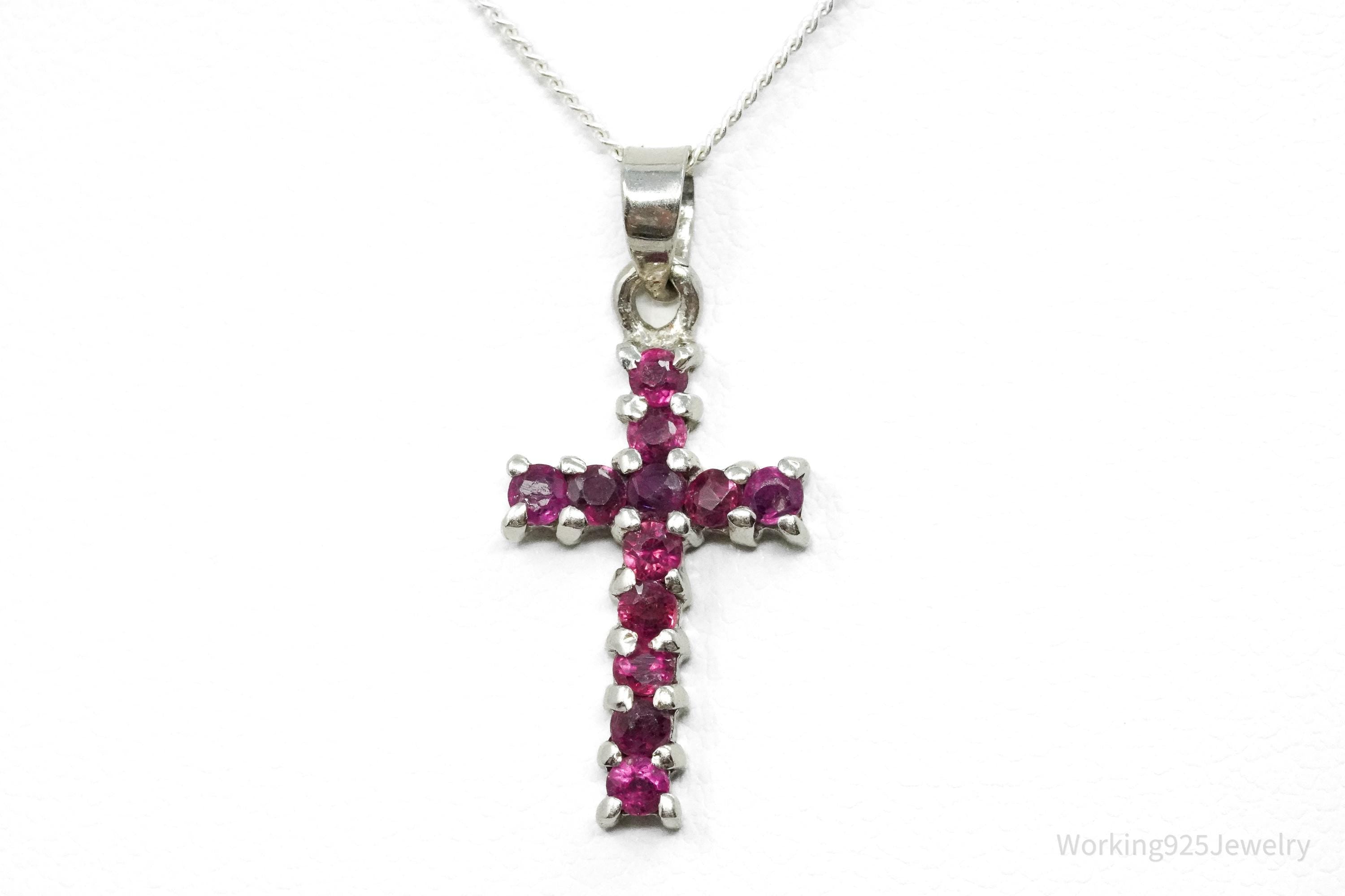 Vintage Ruby Cross Sterling Silver Necklace 16"