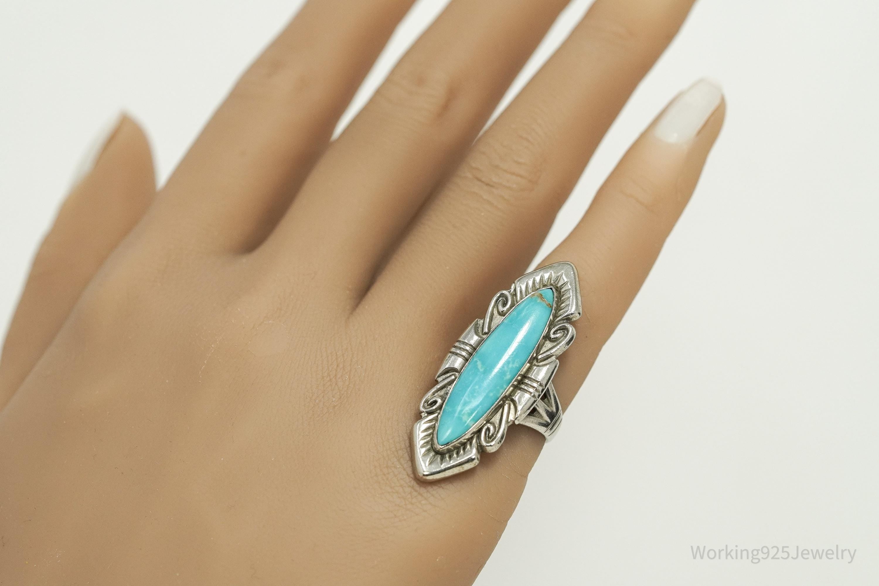 Vintage Native American Turquoise Unsigned Silver Ring - Size 6