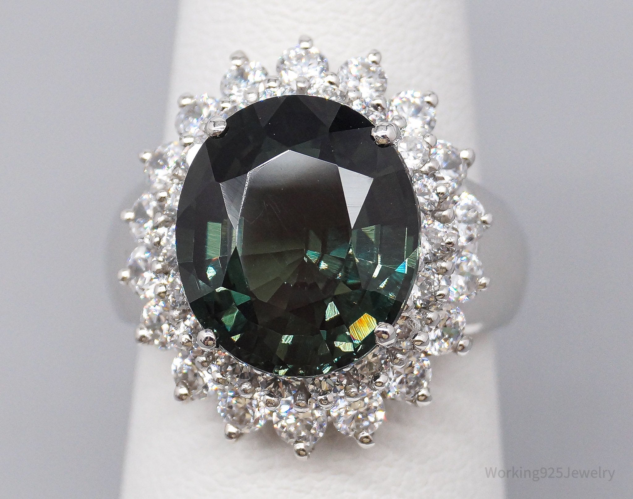 Large Lab Bluish Green Spinel & Cubic Zirconia Sterling Silver Ring Size 6.5