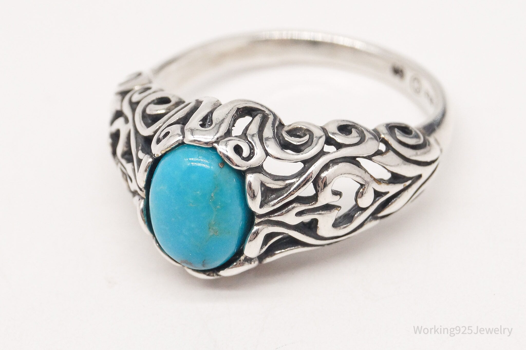 Vintage Blue Turquoise Scroll Swirl Sterling Silver Ring - Size 7.25