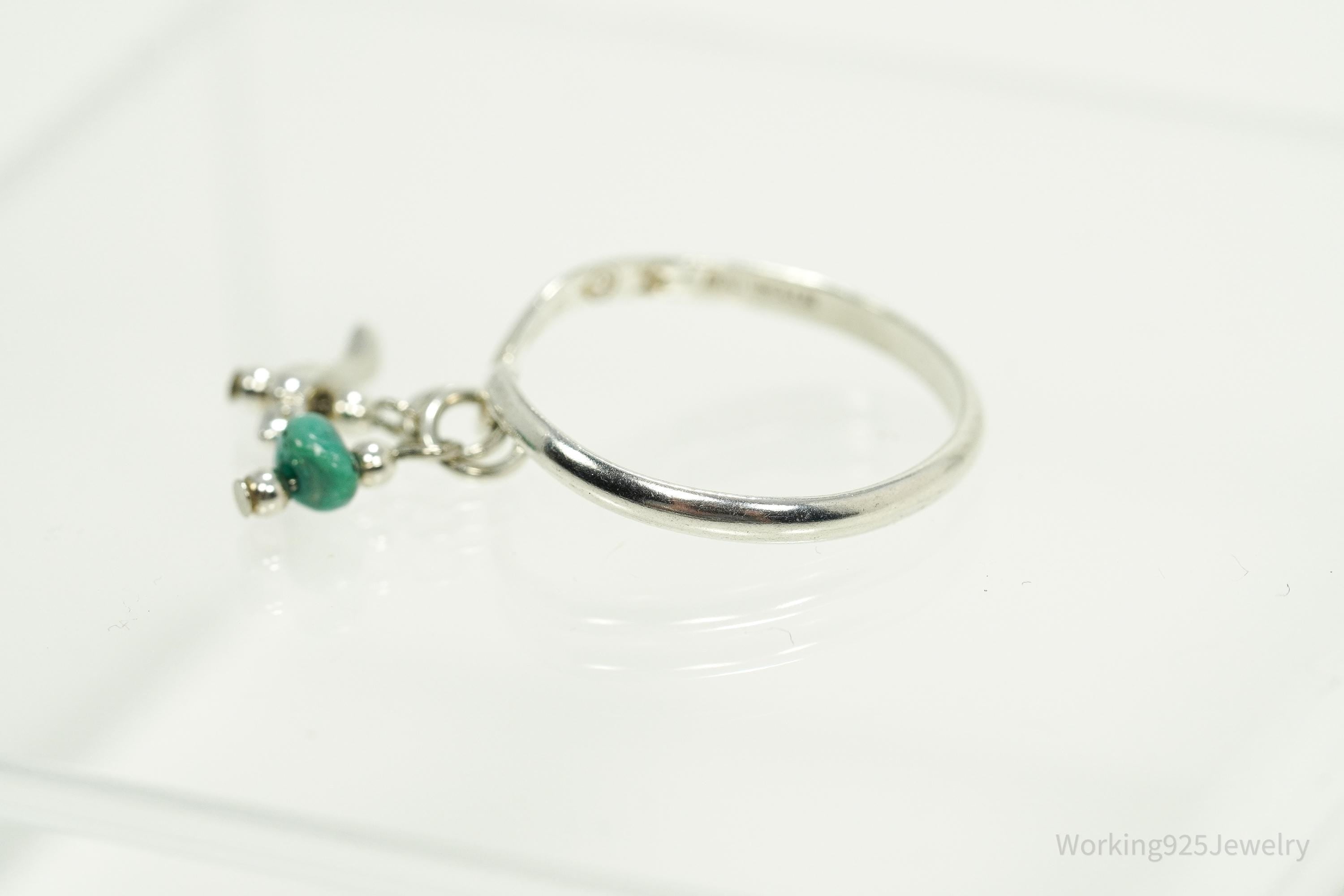 Vintage Native American Turquoise Nugget & Bird Charm Sterling Silver Ring - Size 9.25