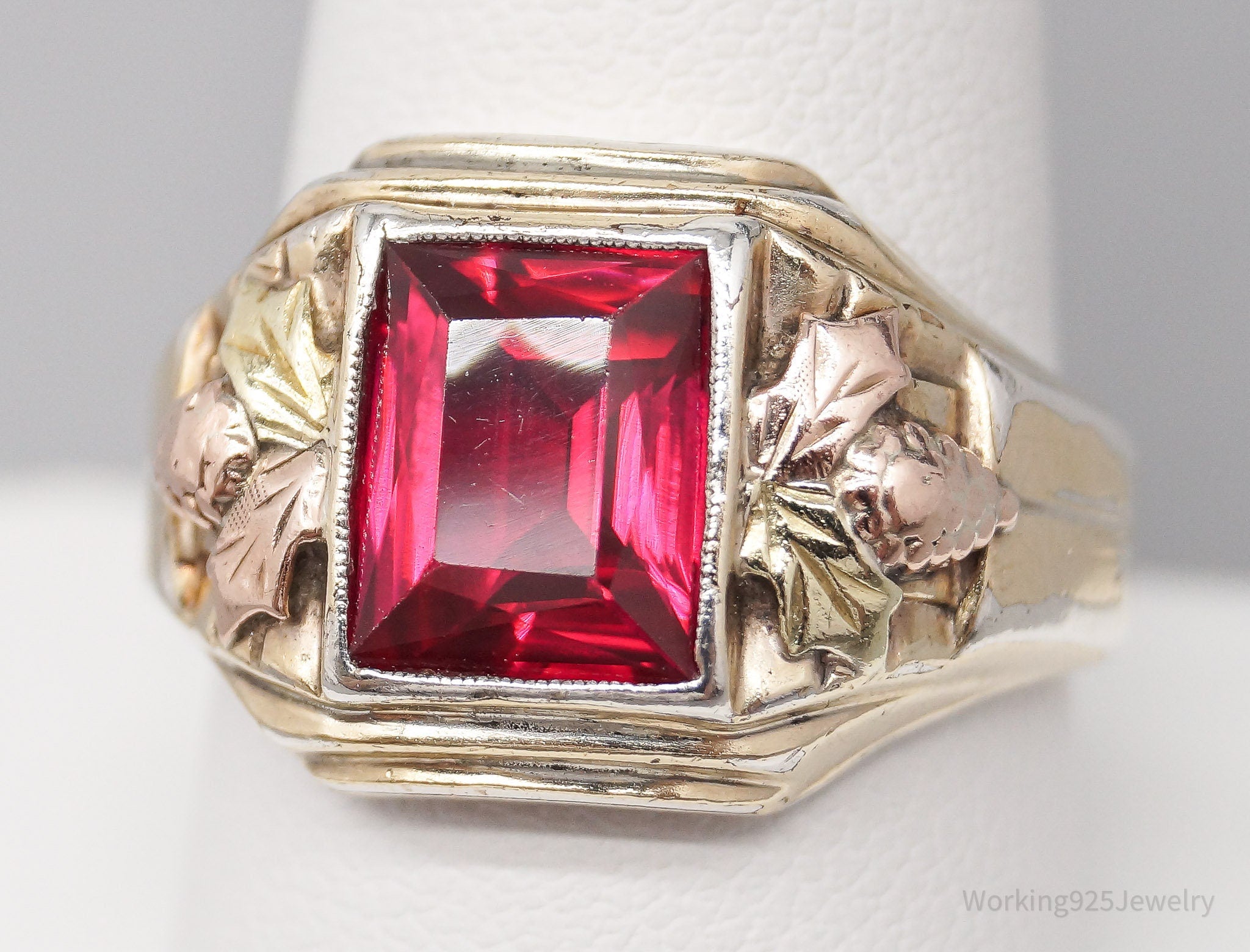 Antique Ruby 10K Gold Top Sterling Silver Ring - Size 9.75