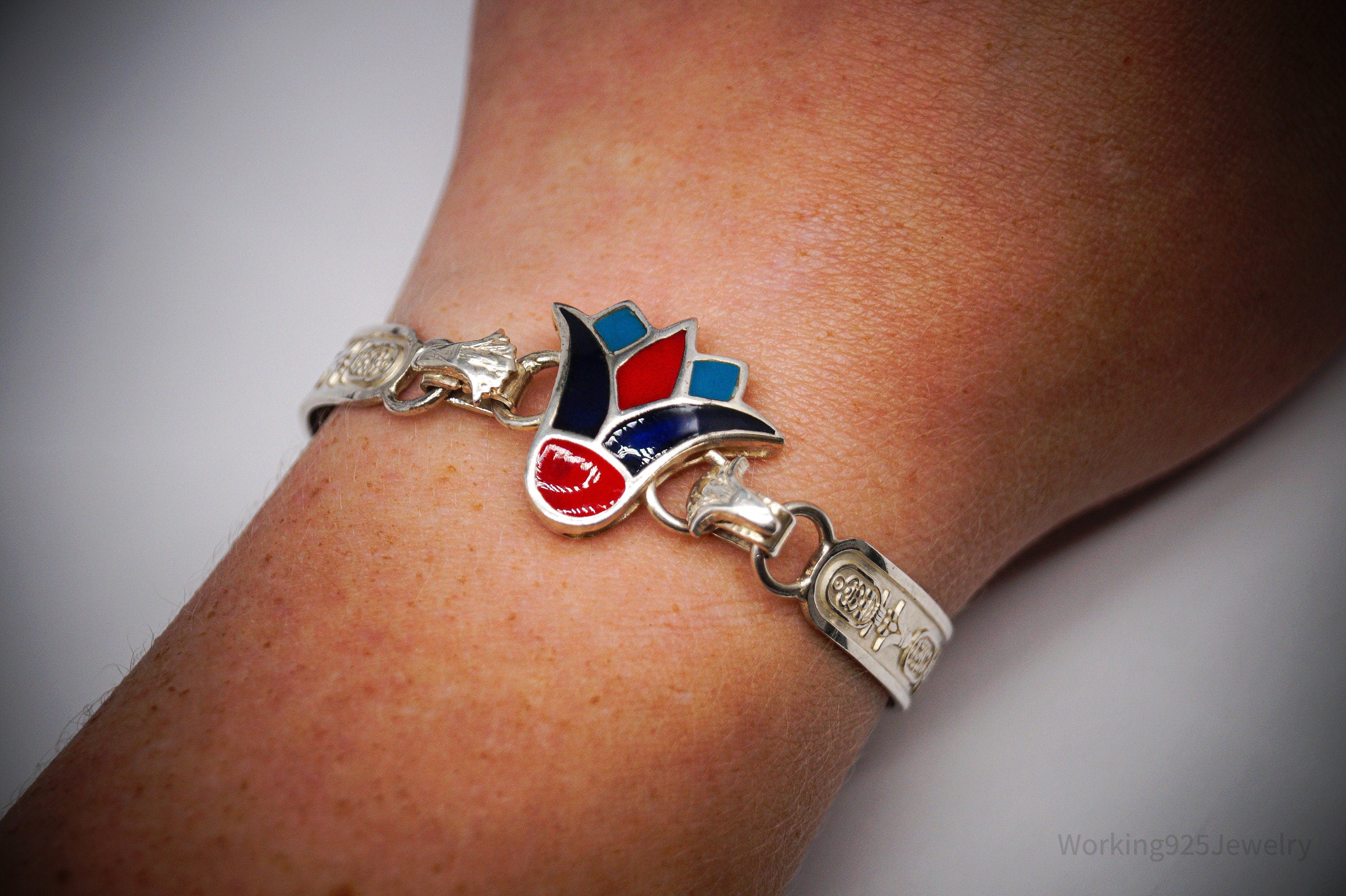 Vintage Egyptian Enamel Lotus & Cartouche Silver Bracelet - 7.25"
