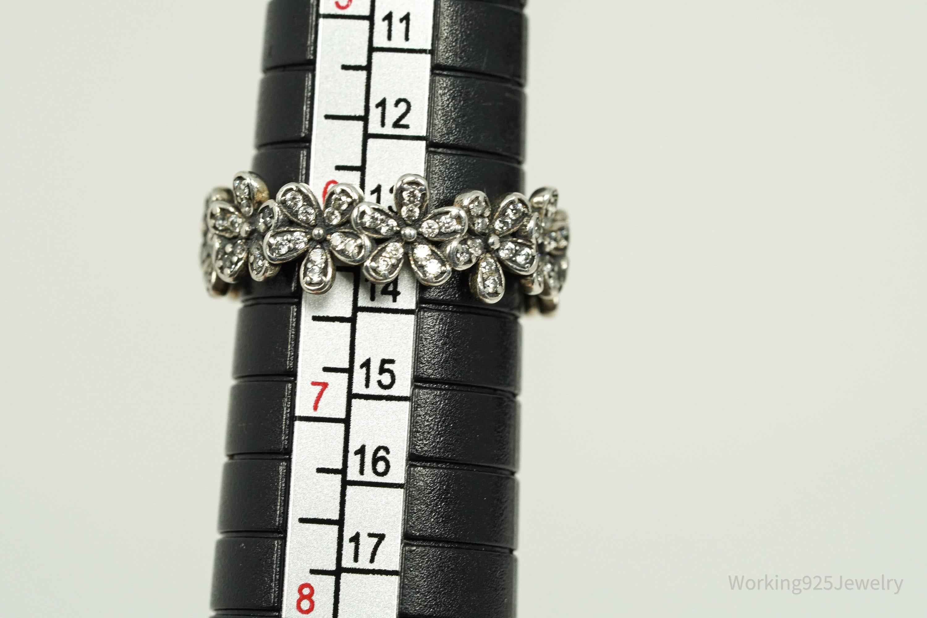 Cubic Zirconia Daisies Sterling Silver Ring - Size 6.25