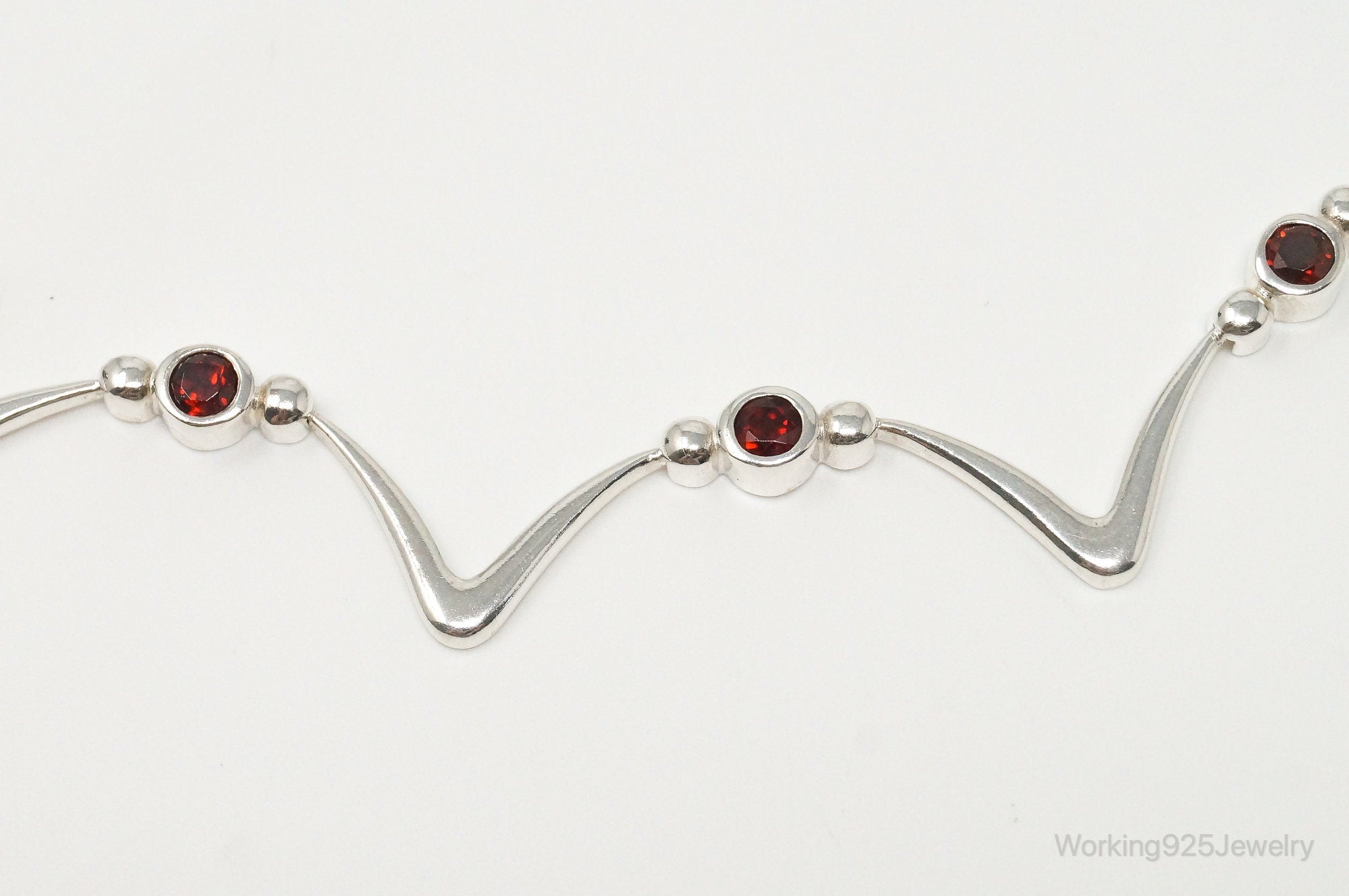 Vintage Modernist Style Garnet Sterling Silver Necklace