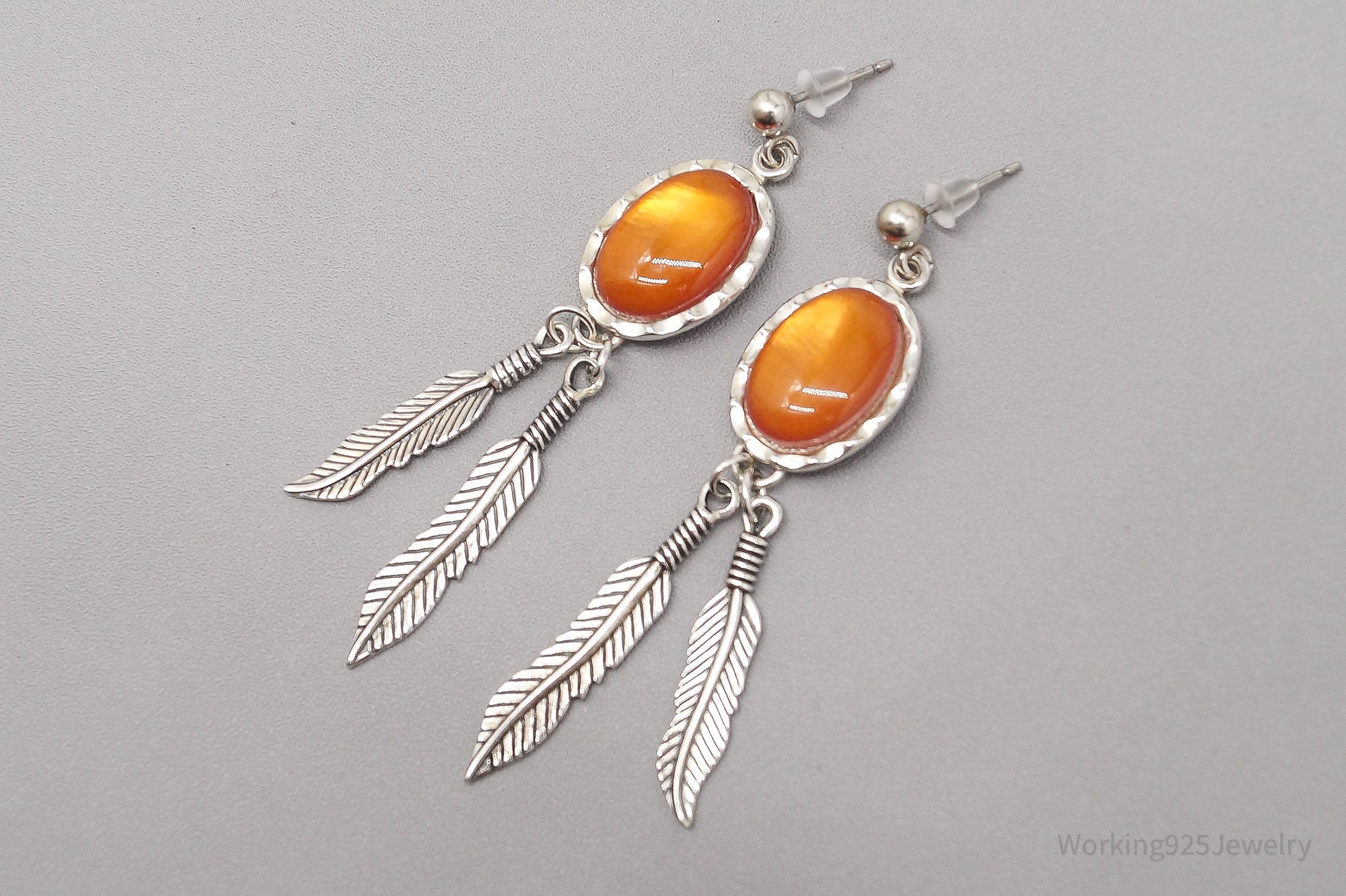 Vintage WMCO Orange Stone Feather Sterling Silver Earrings