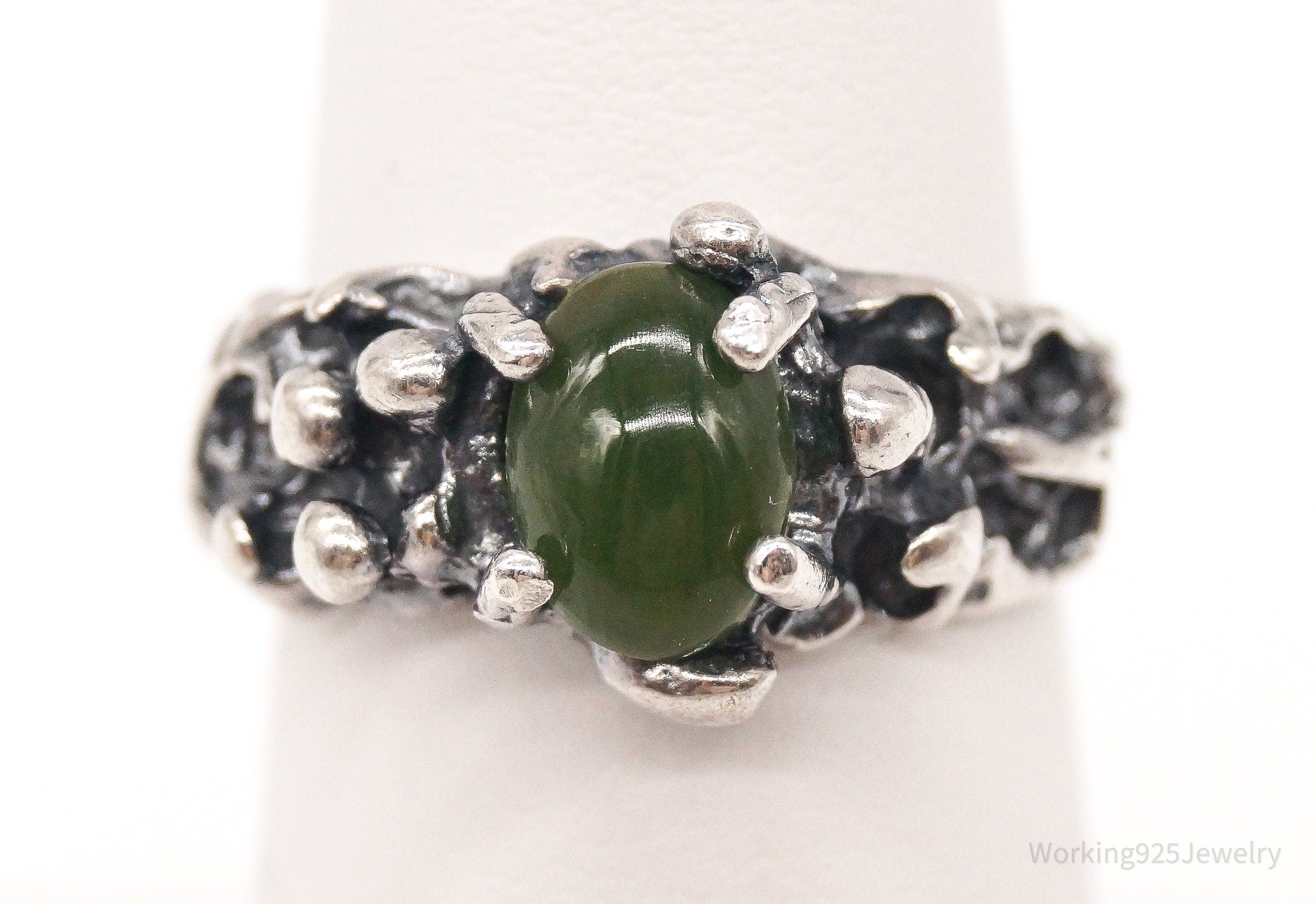 Vintage Nephrite Brutalist Sterling Silver Ring - Size 5.5