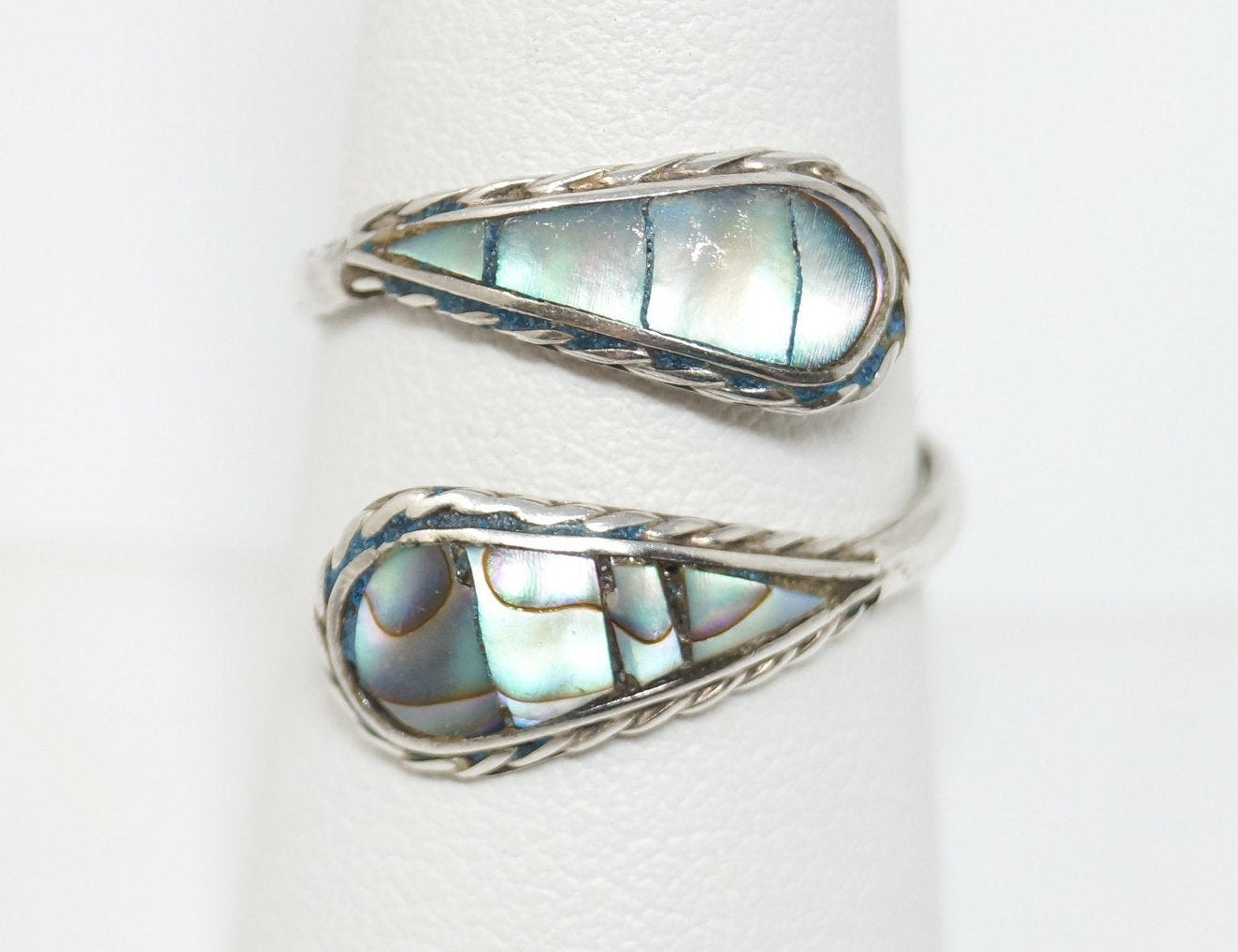 Vintage Mexico Paua Abalone Shell Sterling Silver Wrap Ring - Sz 8 Adjustable