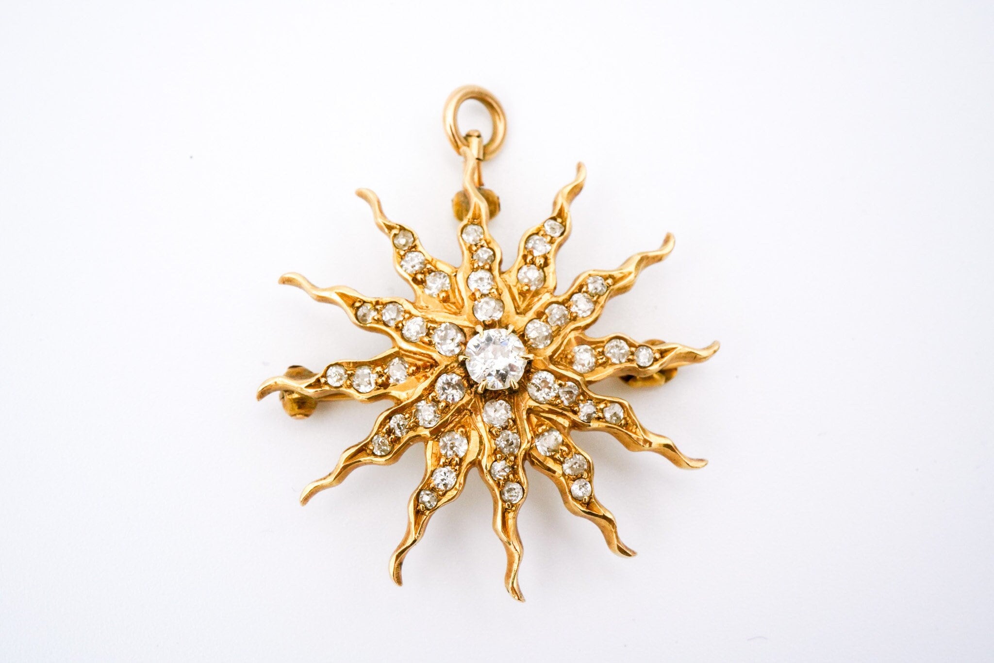 Victorian 14K Yellow Gold & Diamond Sunburst Brooch