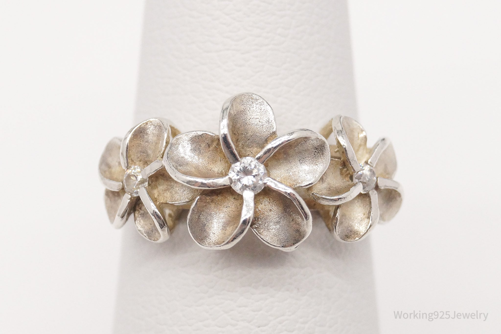 Vintage Cubic Zirconia Flowers Sterling Silver Ring - Size 4.75