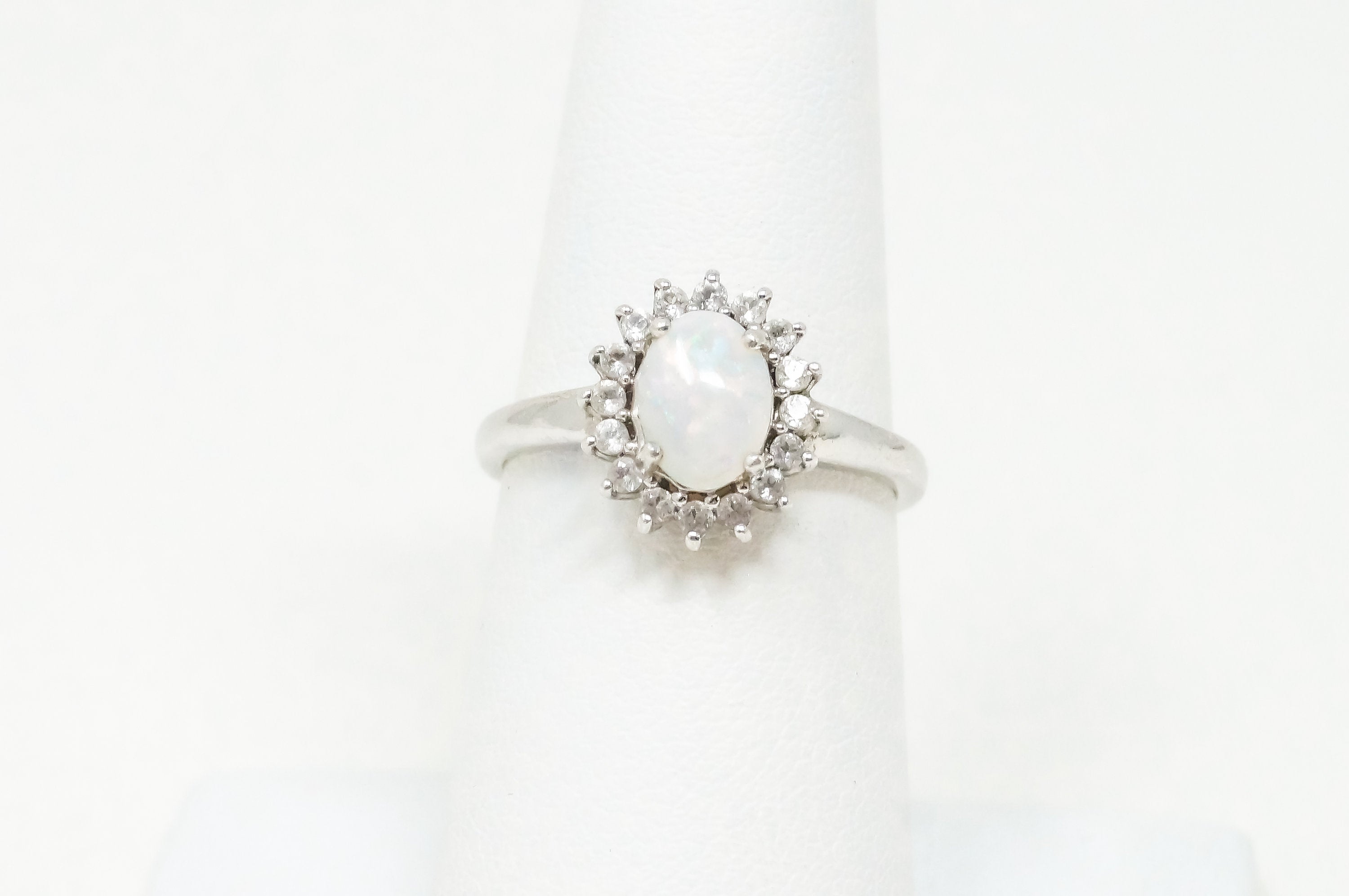 Vintage White Opal Cubic Zirconia Sterling Silver Ring - Sz 6.75