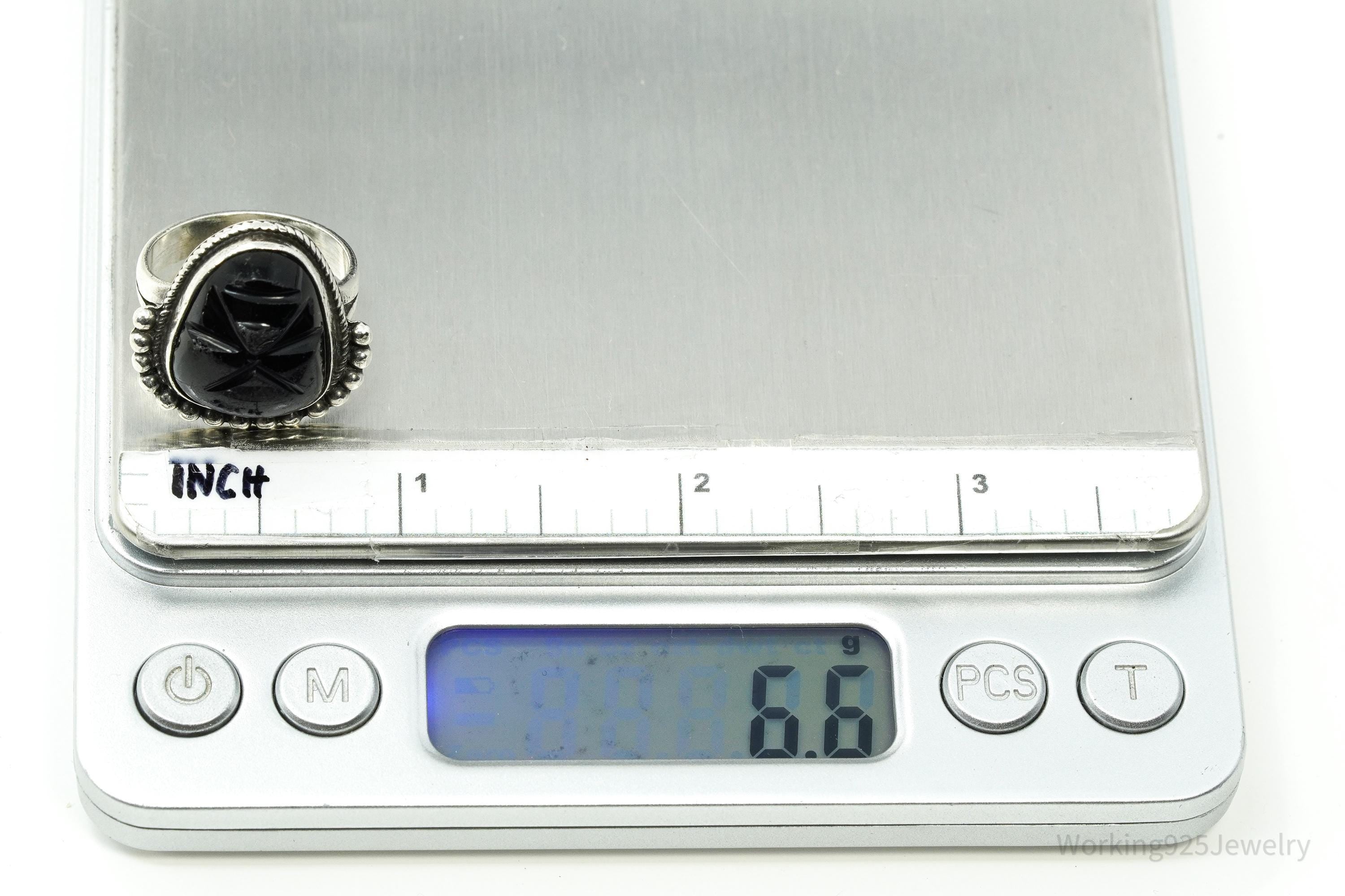 Vintage Mexican Carved Black Onyx Mask Silver Ring - Size 7.75